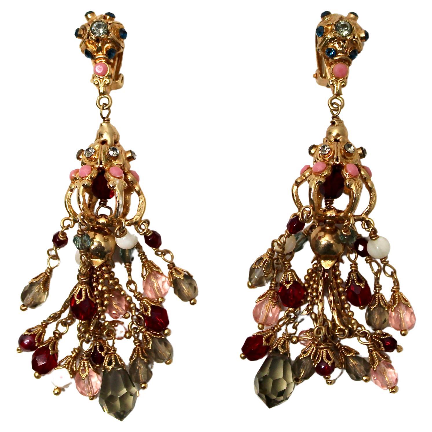 Multicolor Jewel-Tone Beaded Chandelier Earrings circa 1980s