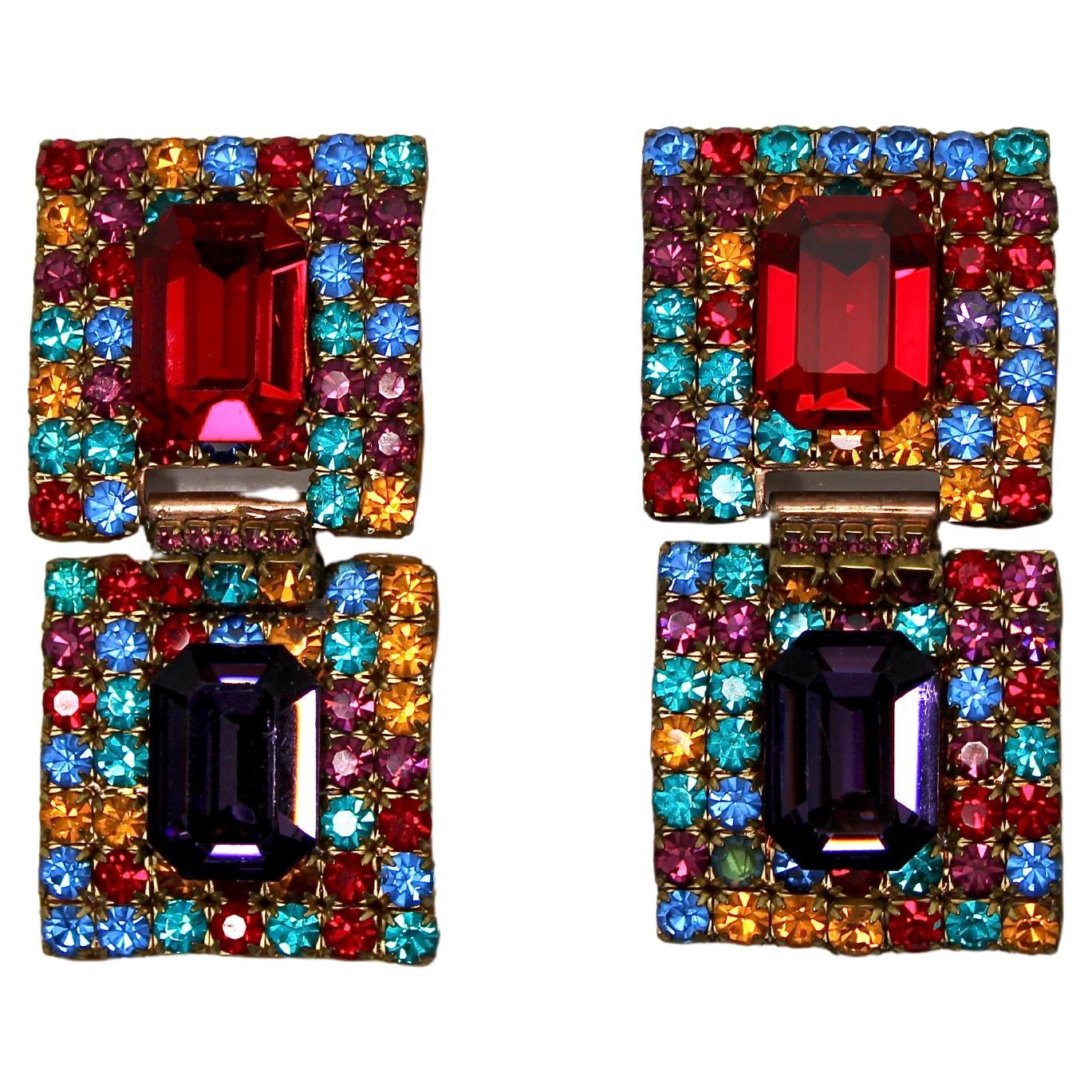 Multicolor Jewel-Tone Crystal Geometric Clip-On Earrings circa 1980s For Sale