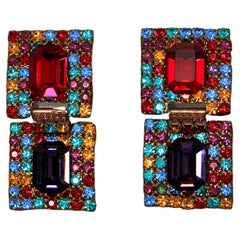 Multicolor Jewel-Tone Crystal Geometric Clip-On Earrings circa 1980s