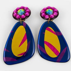 Multicolor Jeweled Dangle Acrylic Lucite Clip Earrings