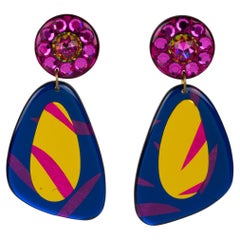 Multicolor Jeweled Dangle Acrylic Lucite Clip Earrings