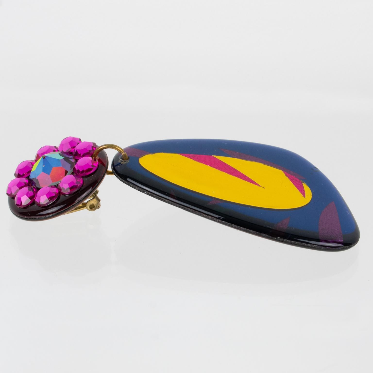 Women's or Men's Colorful Jeweled Dangle Acrylic Clip Earrings For Sale