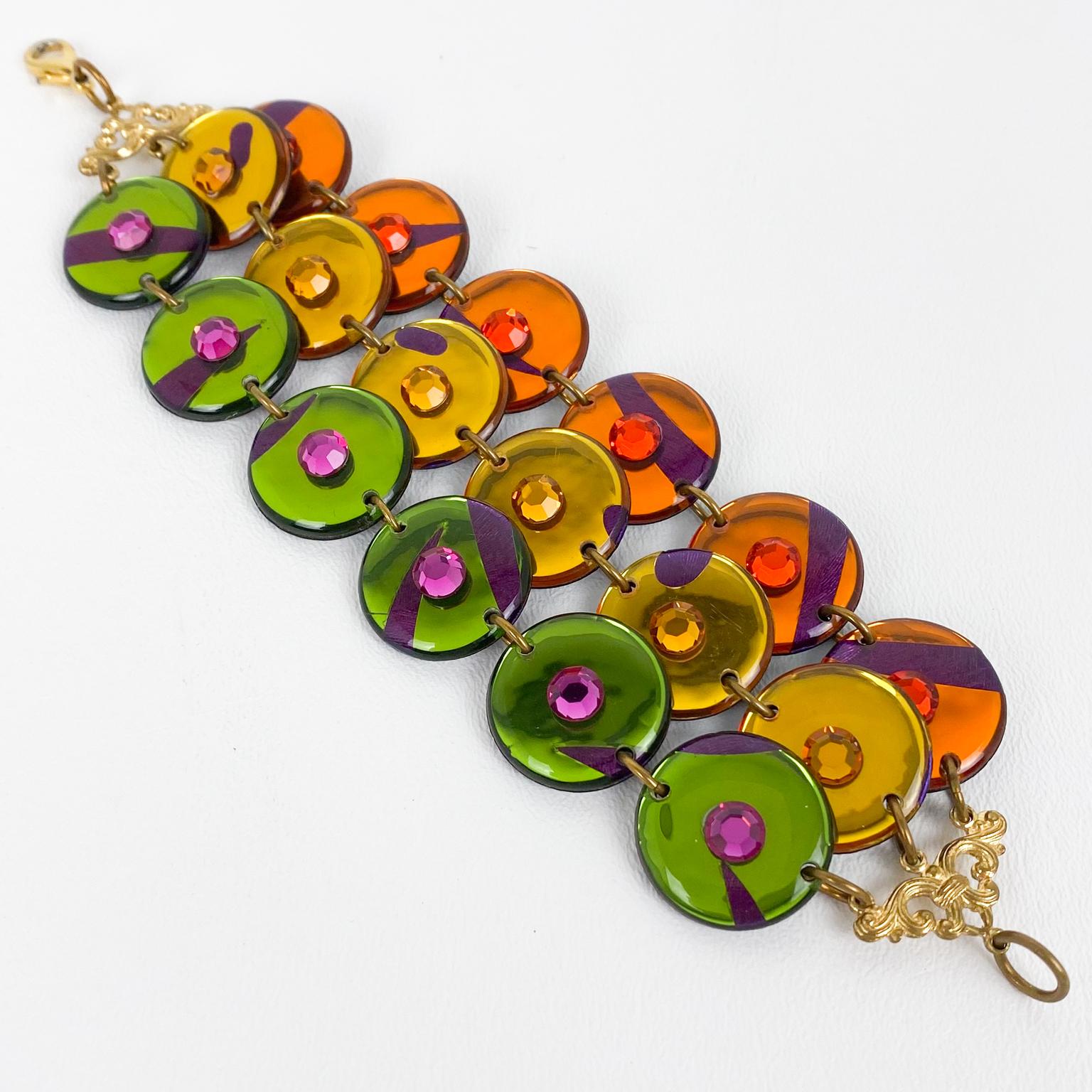 Pulsera de eslabones geométricos de Lucite con joyas multicolor Moderno en venta