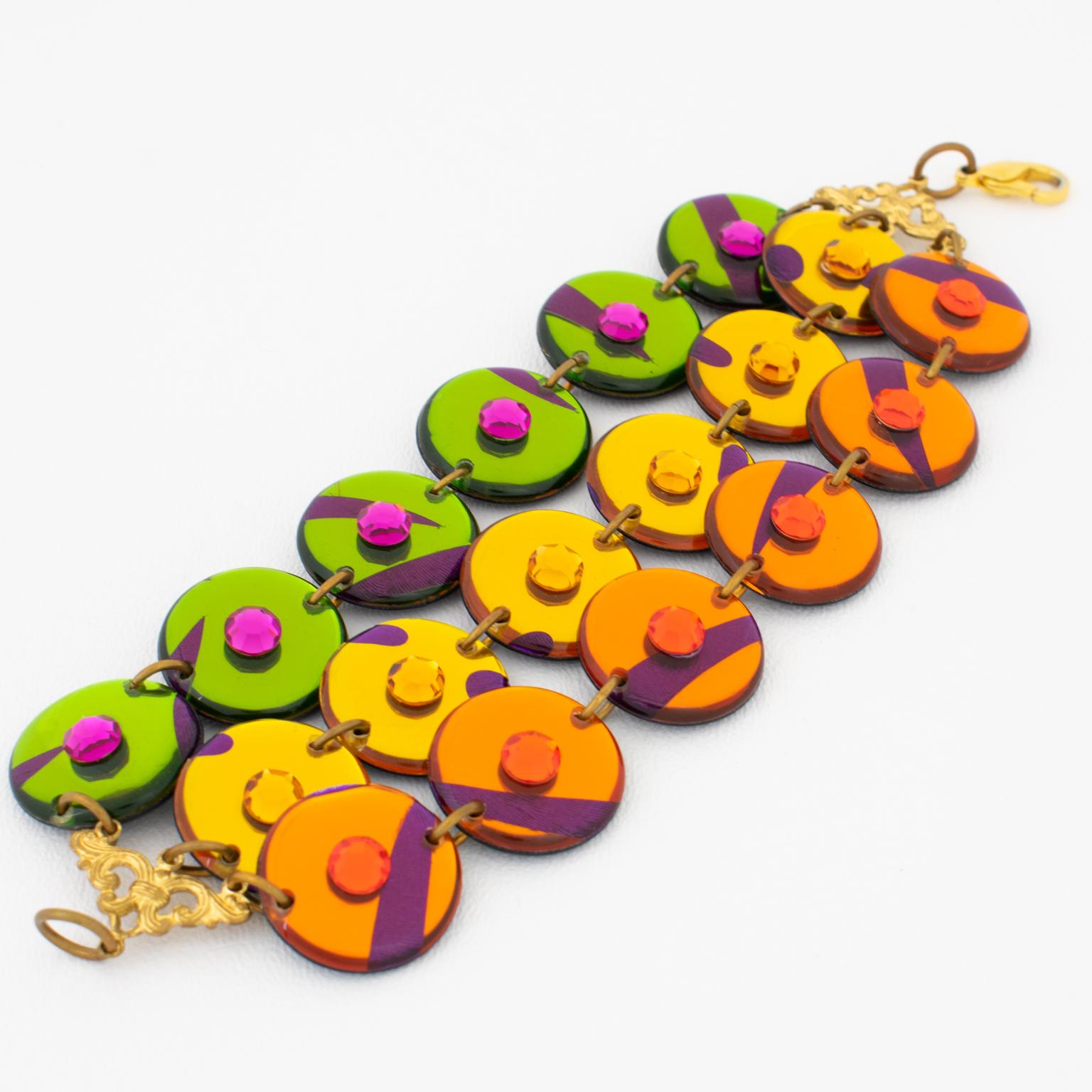 Pulsera de eslabones geométricos de Lucite con joyas multicolor en venta 3