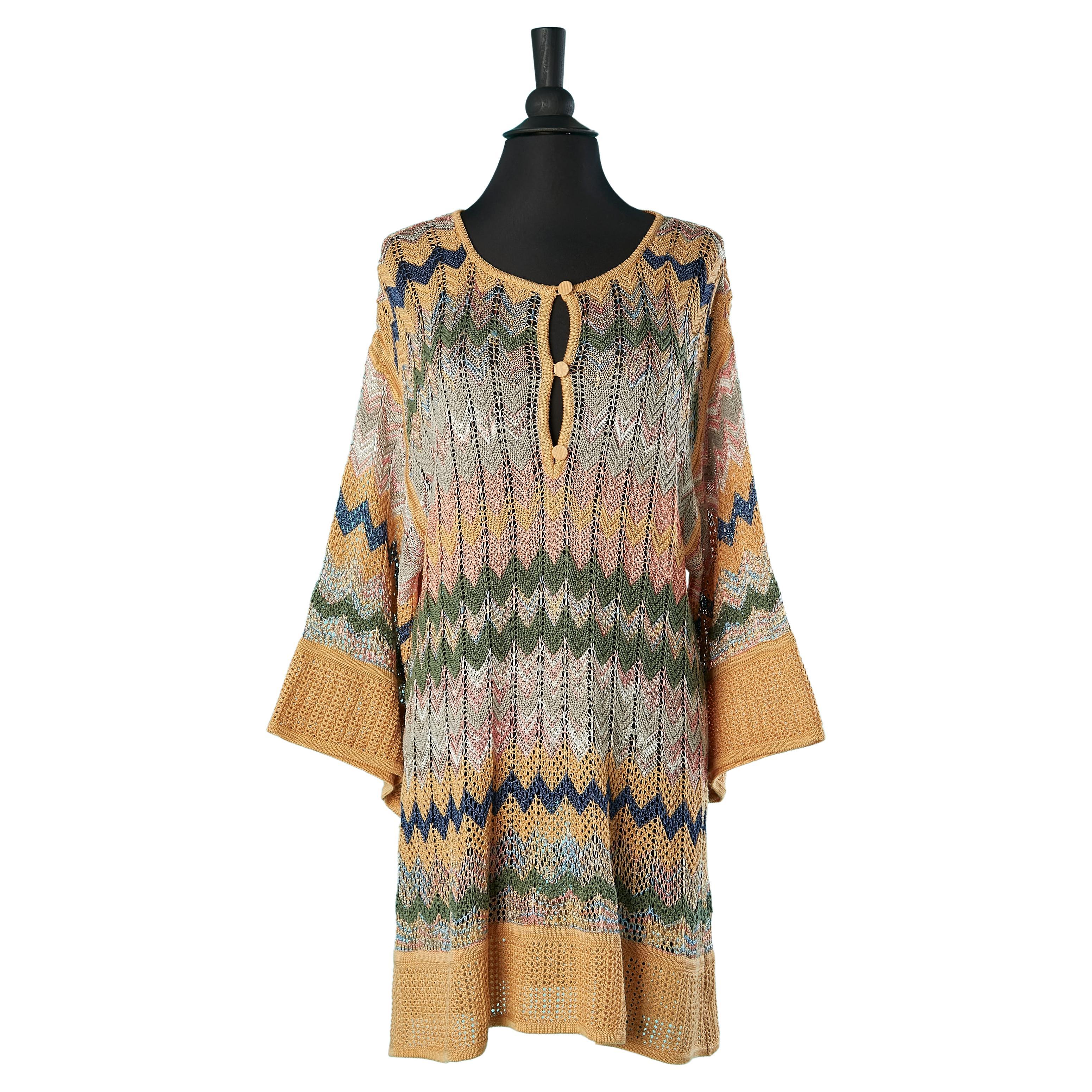 Multicolor knit dress with button in the top middle front M Missoni  For Sale
