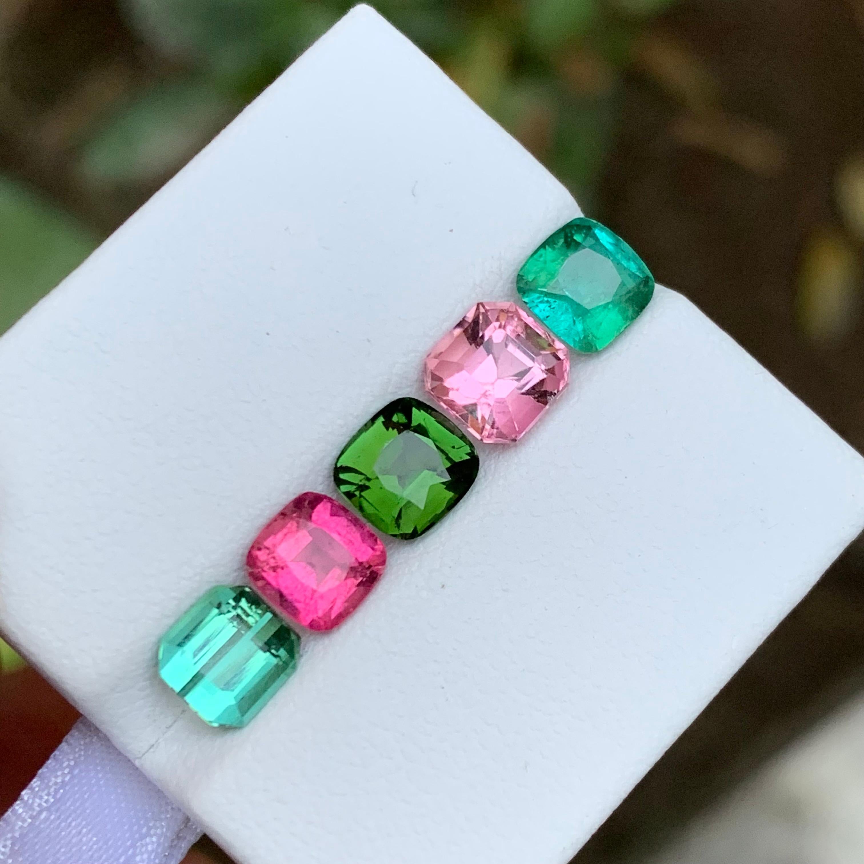Contemporary Multicolor Lagoon, Pink, Green & Neon Tourmaline Gemstones Lot, 5.60 Ct-Cushion For Sale