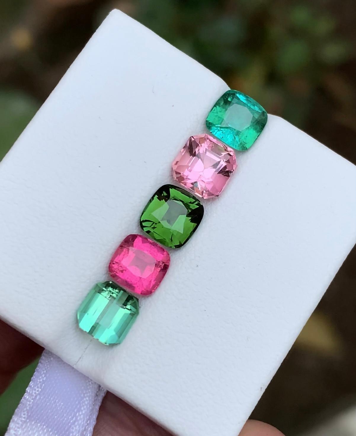 Multicolor Lagoon, Pink, Green & Neon Tourmaline Gemstones Lot, 5.60 Ct-Cushion For Sale 2