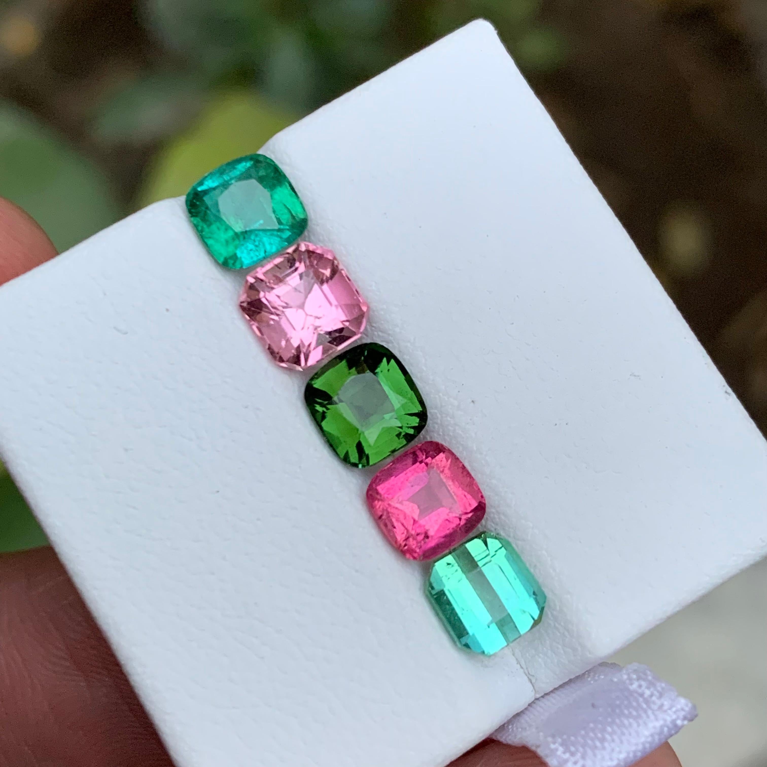 Multicolor Lagoon, Pink, Green & Neon Tourmaline Gemstones Lot, 5.60 Ct-Cushion For Sale 3