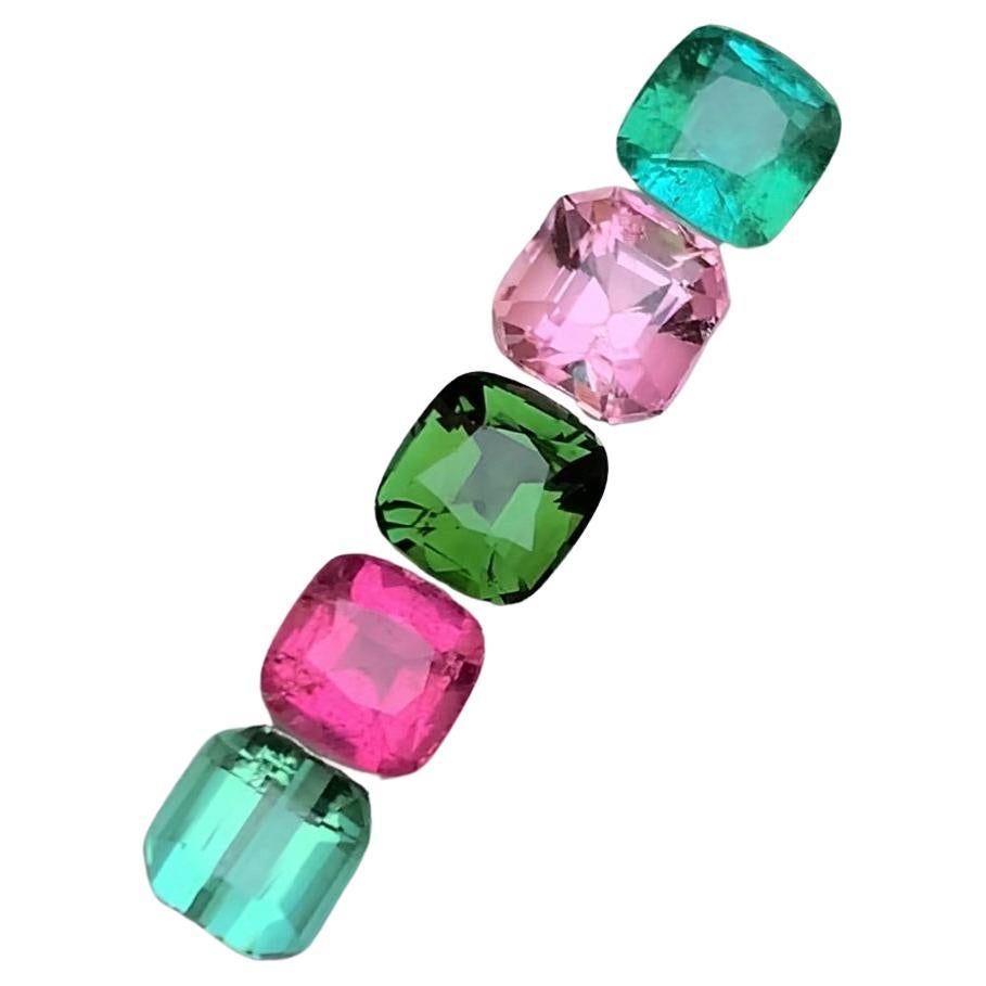 Multicolor Lagoon, Pink, Green & Neon Tourmaline Gemstones Lot, 5.60 Ct-Cushion For Sale
