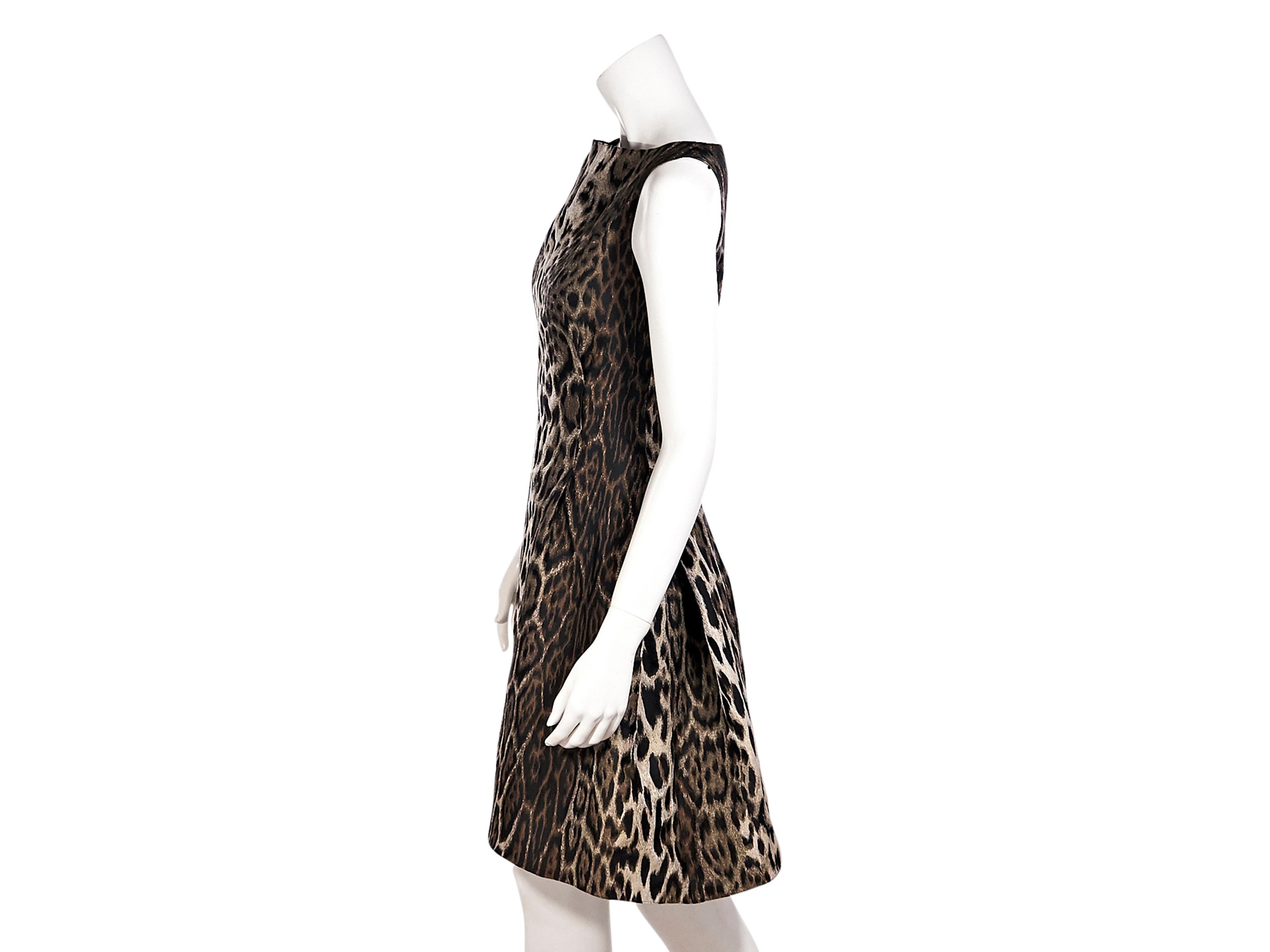 Product details:  Multicolor cheetah-printed party dress by Lanvin.  Boatneck.  Sleeveless.  Exposed back zip closure.  30