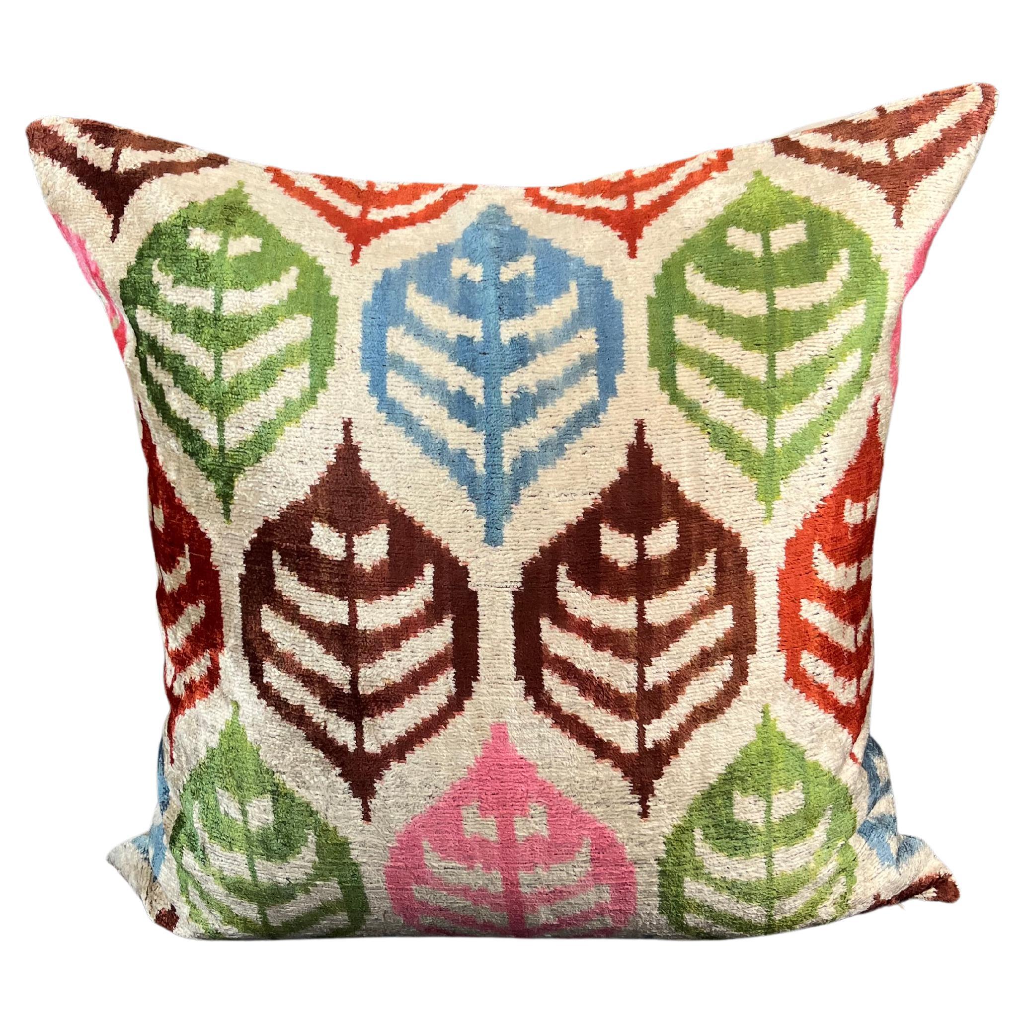 Multicolor Leaf Pattern Velvet Silk Ikat Pillow Cover