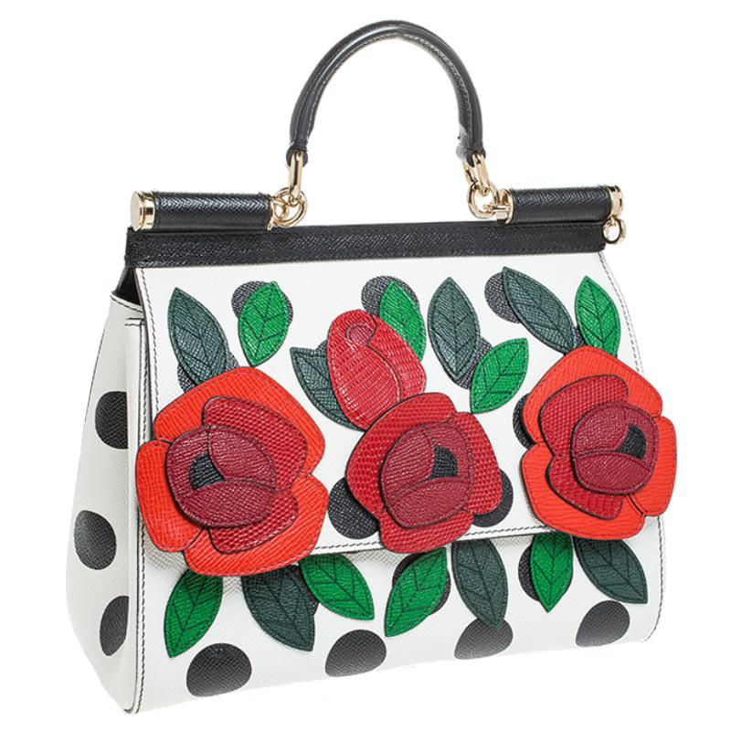 Multicolor Leather Polka Dot and Rose Patch Medium Miss Sicily Bag In New Condition In Dubai, Al Qouz 2