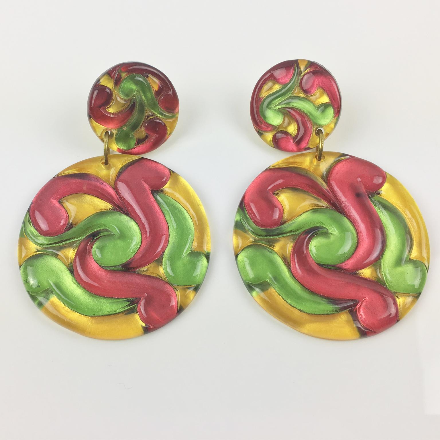 Modernist Multicolor Lucite Dangle Disk Clip Earrings For Sale
