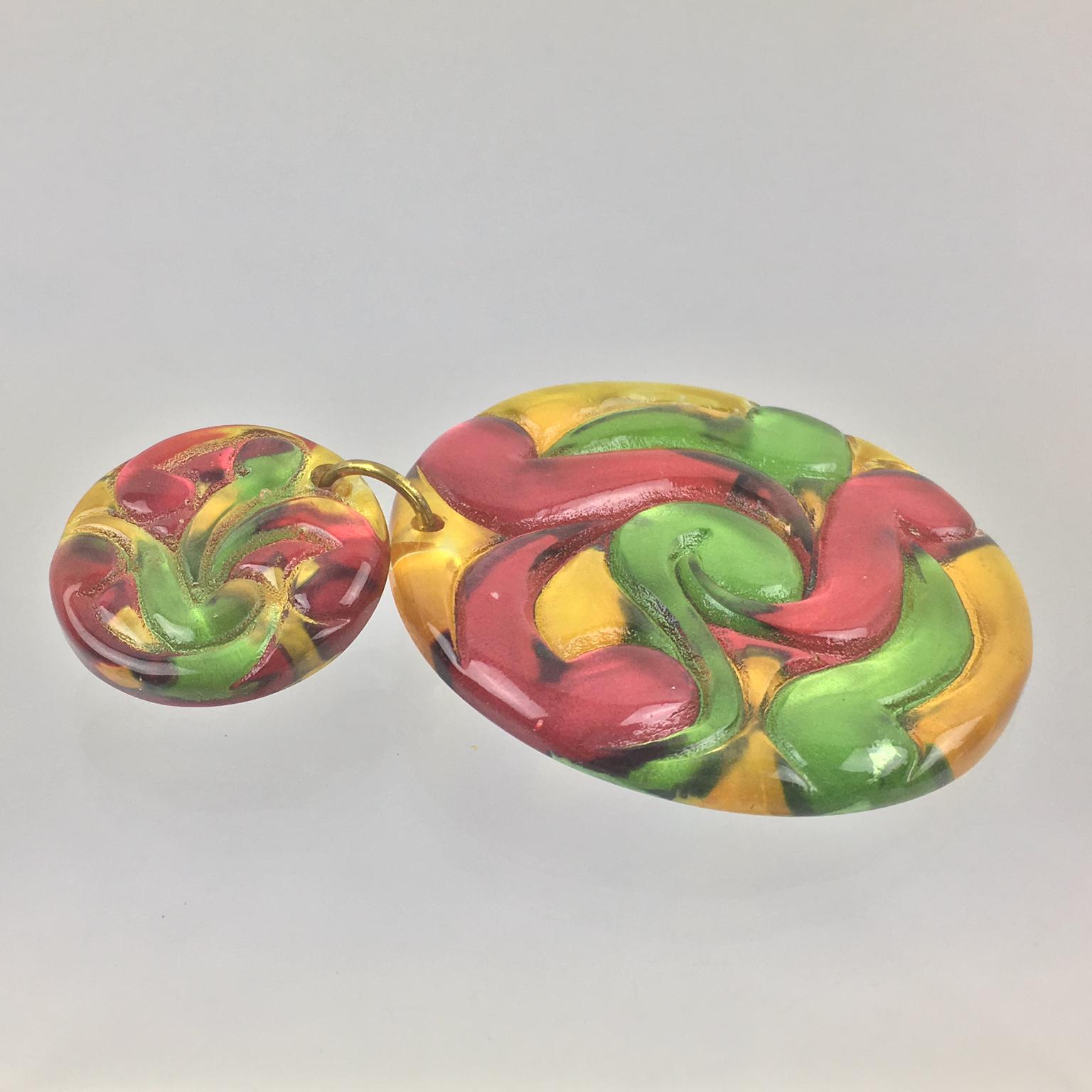 Women's or Men's Multicolor Lucite Dangle Disk Clip Earrings For Sale