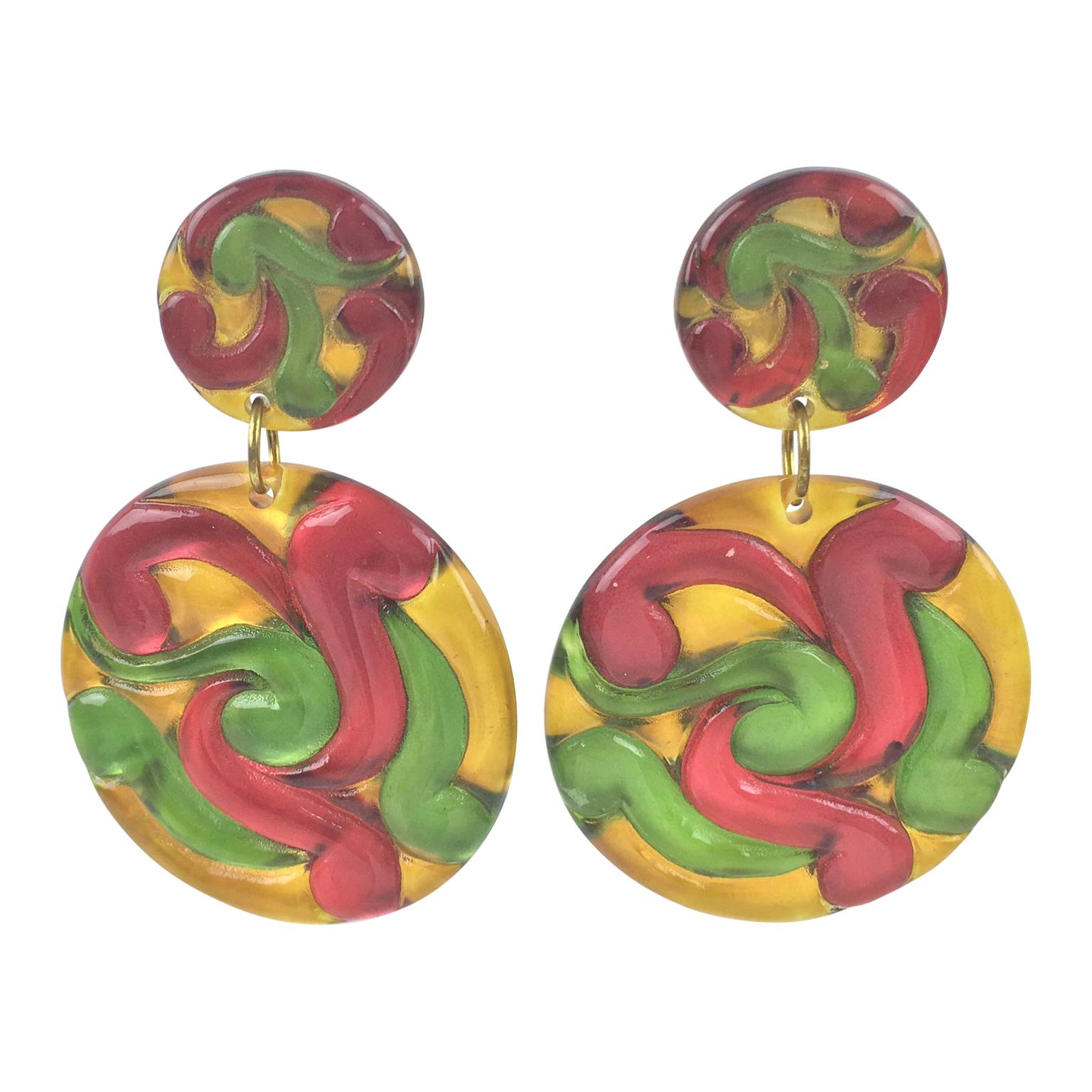 Multicolor Lucite Dangle Disk Clip Earrings For Sale