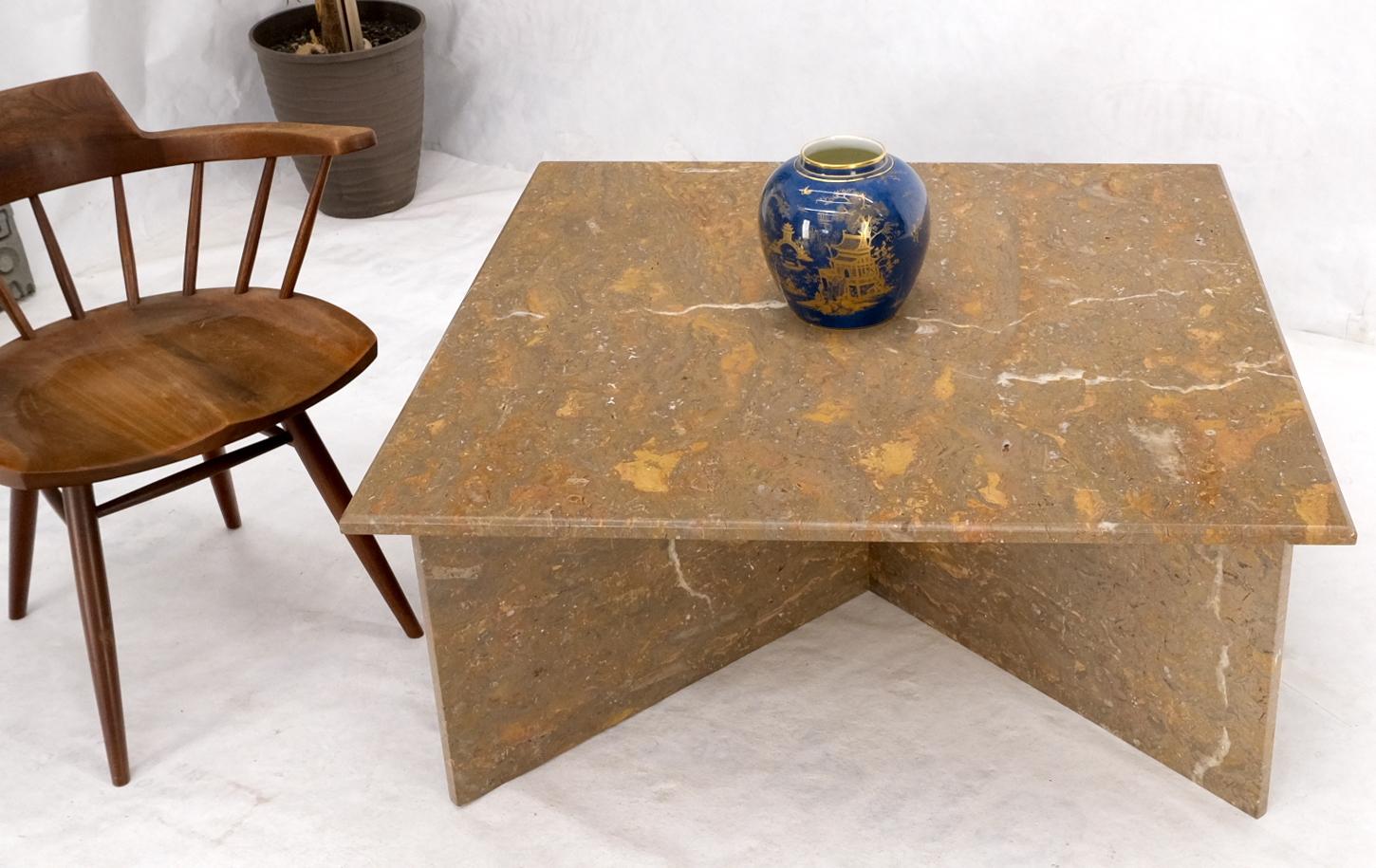 Mid-Century Modern X base multi color marble or travertine square coffee table.