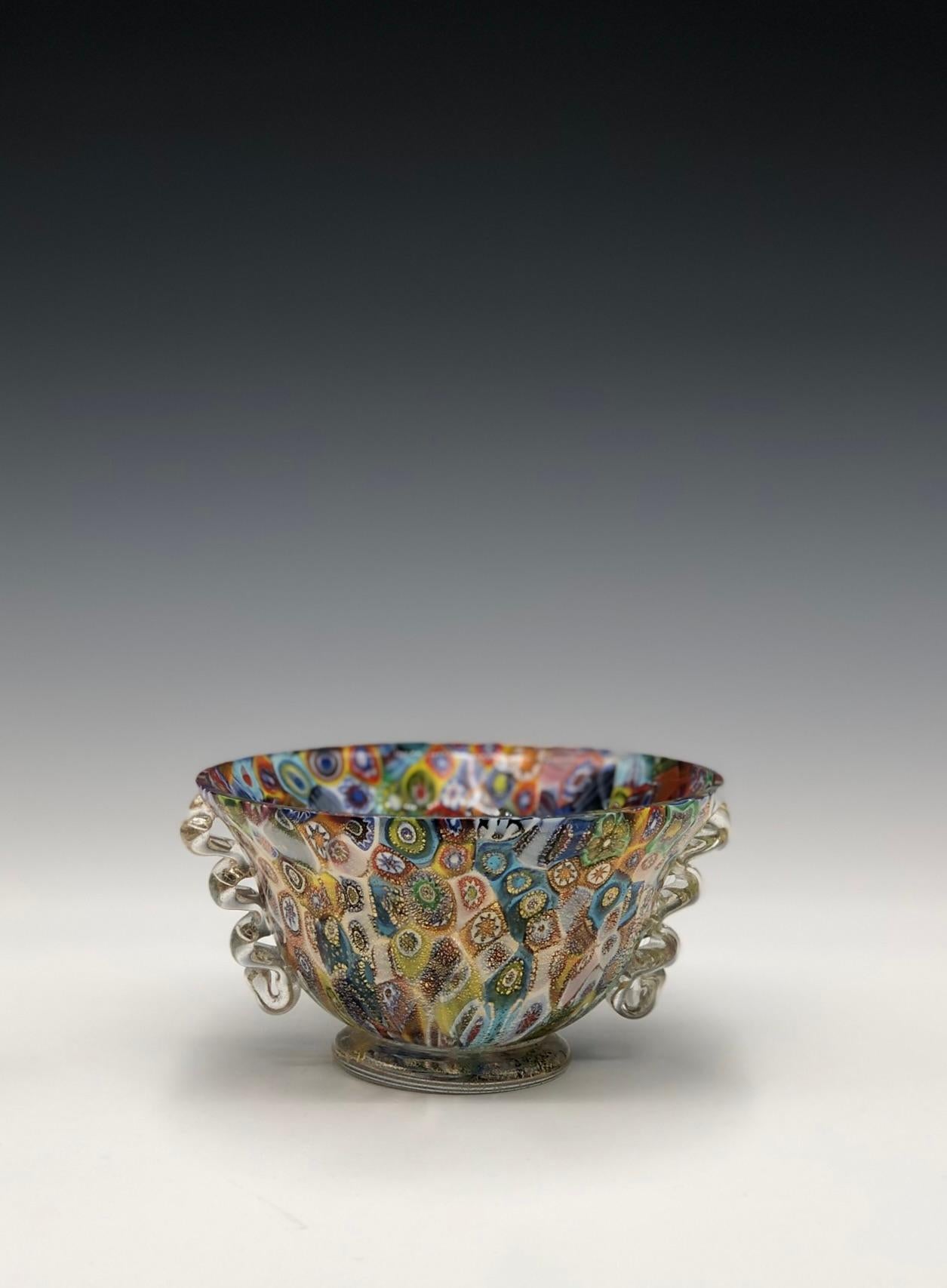 Multicolor Millefiori Murano Glass Bowl with Clear Squiggle Handles 4