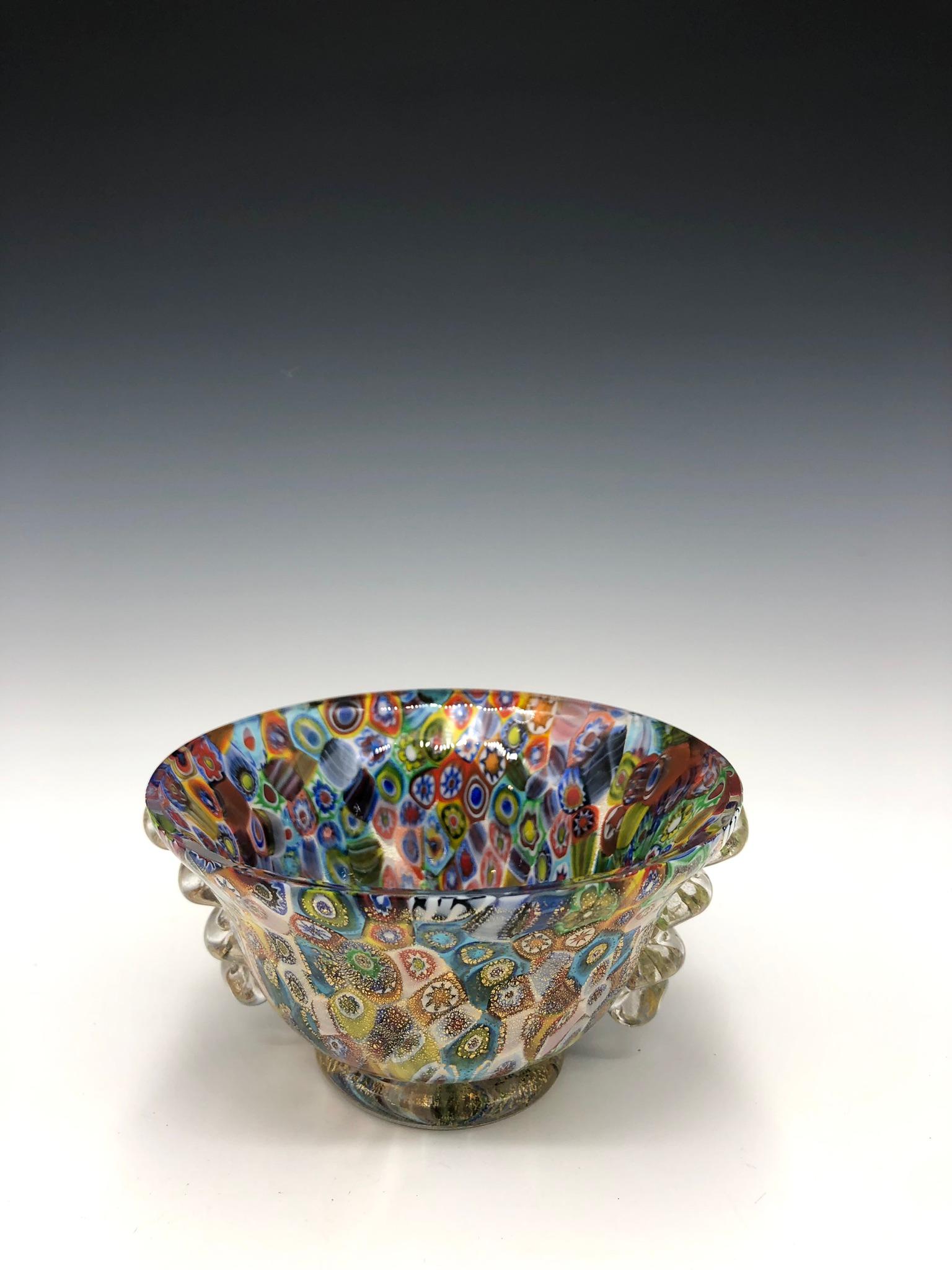 Modern Multicolor Millefiori Murano Glass Bowl with Clear Squiggle Handles