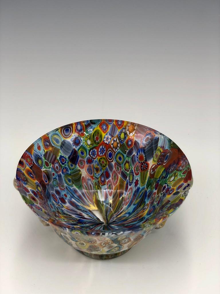 Italian Multicolor Millefiori Murano Glass Bowl with Clear Squiggle Handles