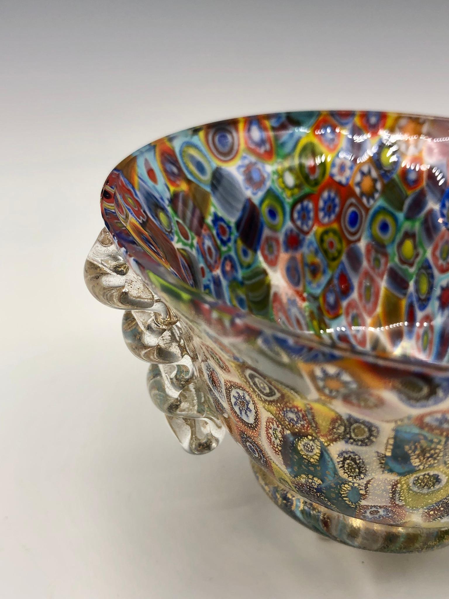 Multicolor Millefiori Murano Glass Bowl with Clear Squiggle Handles In Excellent Condition In East Quogue, NY