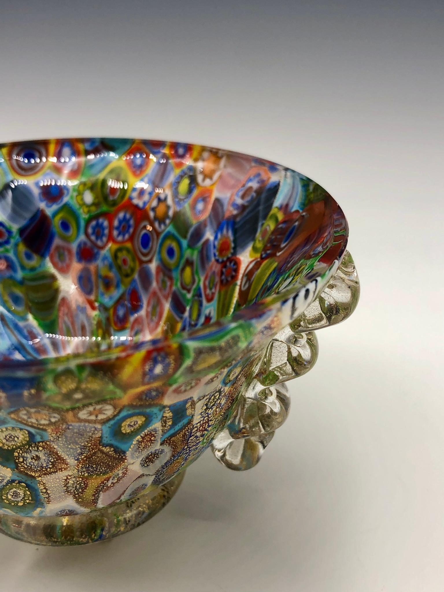 20th Century Multicolor Millefiori Murano Glass Bowl with Clear Squiggle Handles