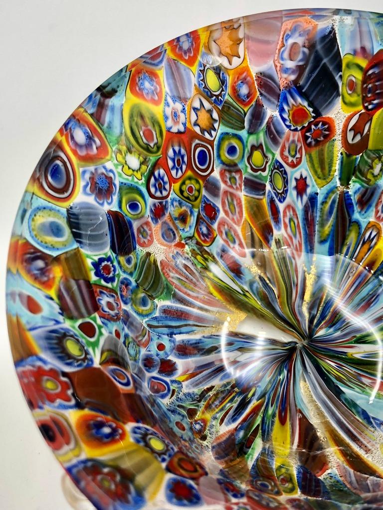 Multicolor Millefiori Murano Glass Bowl with Clear Squiggle Handles 3
