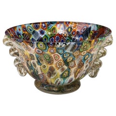 Multicolor Millefiori Murano Glass Bowl with Clear Squiggle Handles