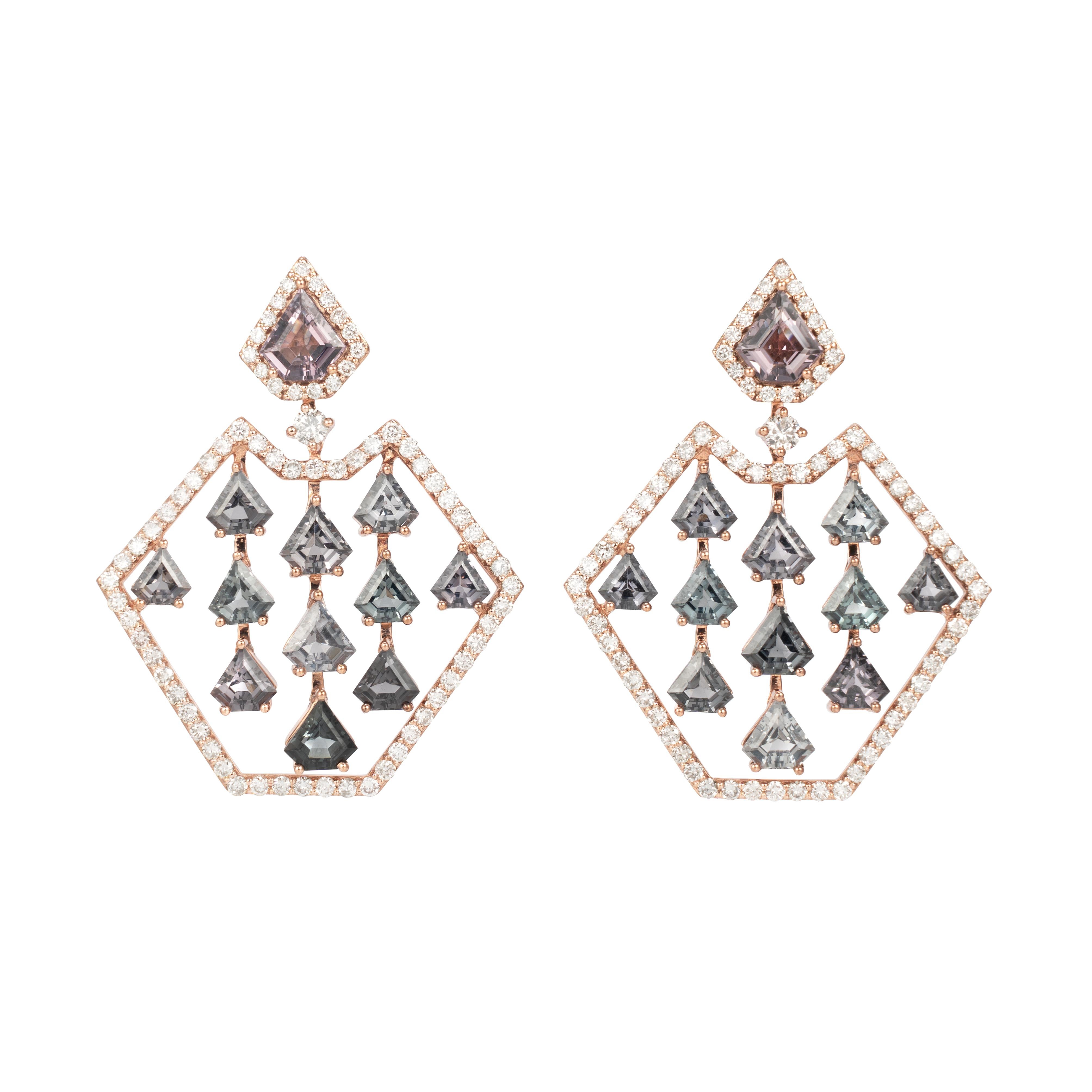 Light and easy to wear these earrings showcase multicolor fancy cut spinels accented with  diamonds. These earrings are dainty yet have a great pop of color from the vibrant gems.

Multicolor Mismatch Spinel Earrings with Diamond in 18 Karat Rose