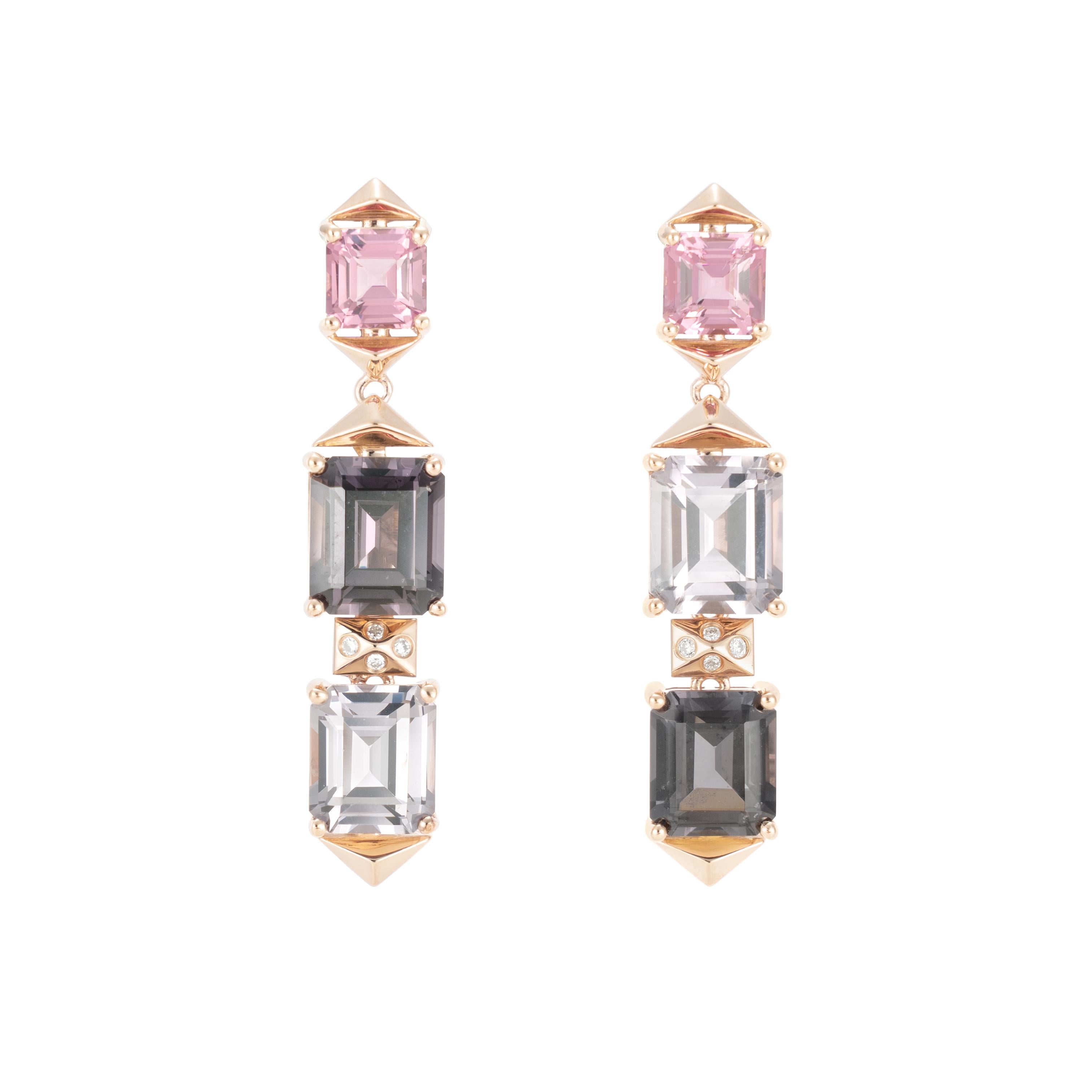 Contemporary Multicolor Mismatch Spinel Earrings with Diamond in 18 Karat Rose Gold For Sale