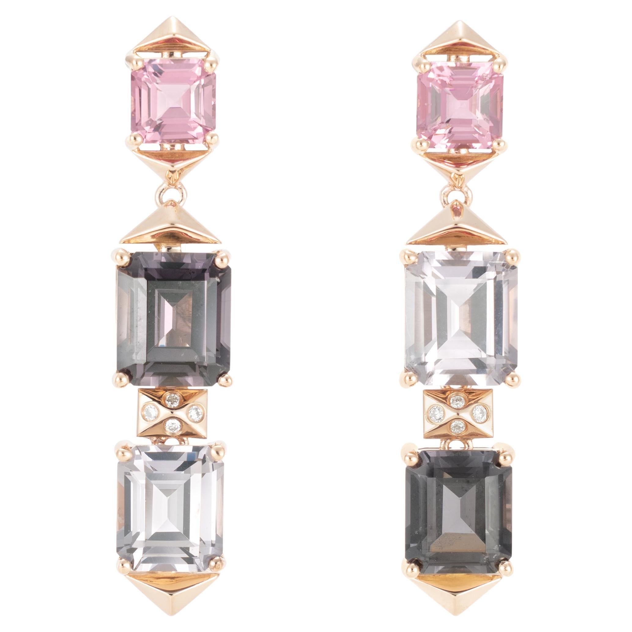 Multicolor Mismatch Spinel Earrings with Diamond in 18 Karat Rose Gold For Sale