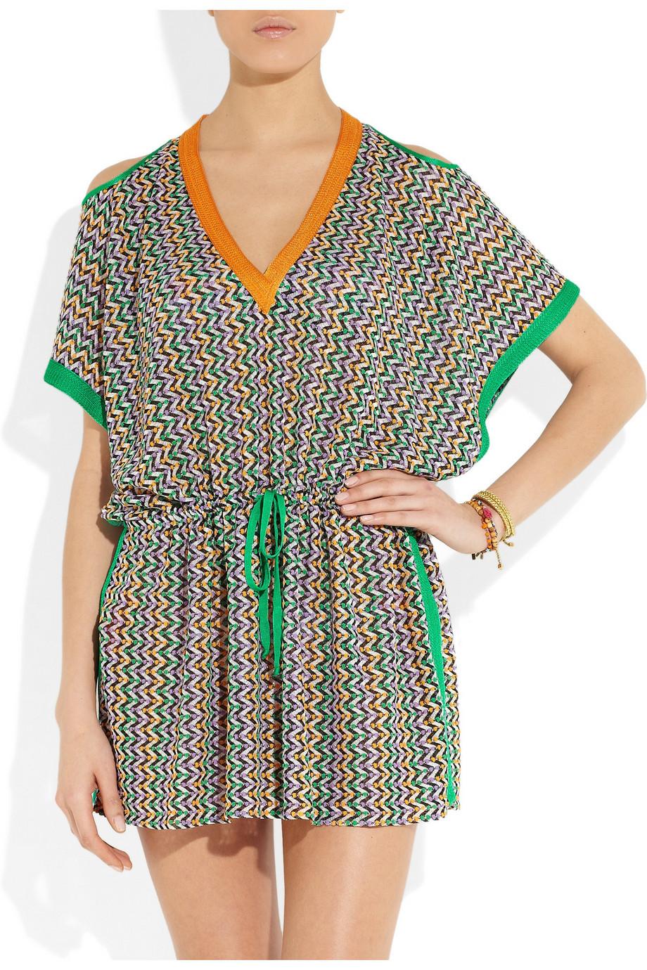 Beige NEW Missoni Multicolor Chevron ZigZag Crochet Knit Kaftan Tunic Cover Up Dress