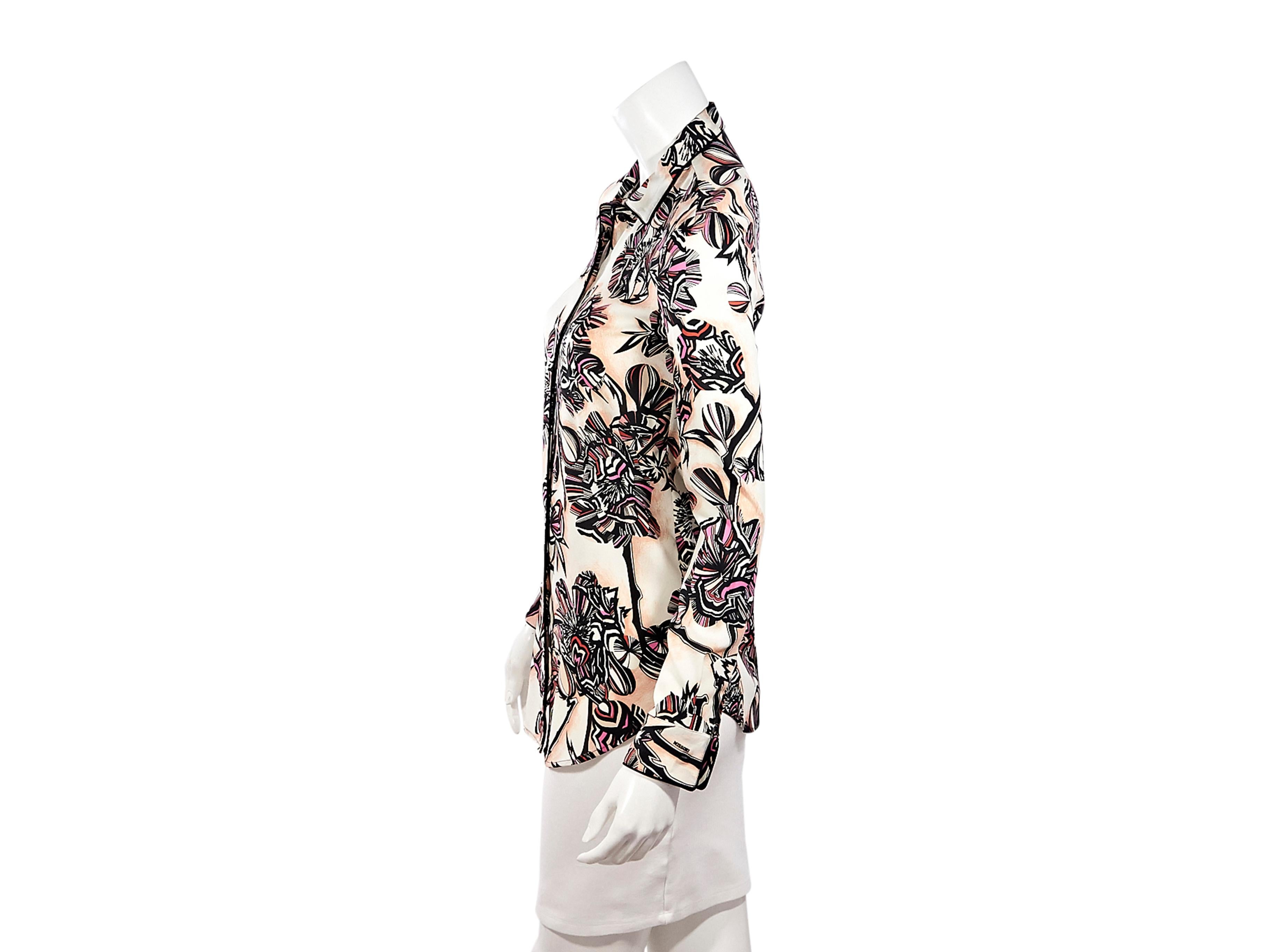 Product details:  Multicolor floral-printed blouse by Missoni.  Spread collar.  Long sleeves.  Single button cuffs.  Button-front closure.  Shirttail hem.  34