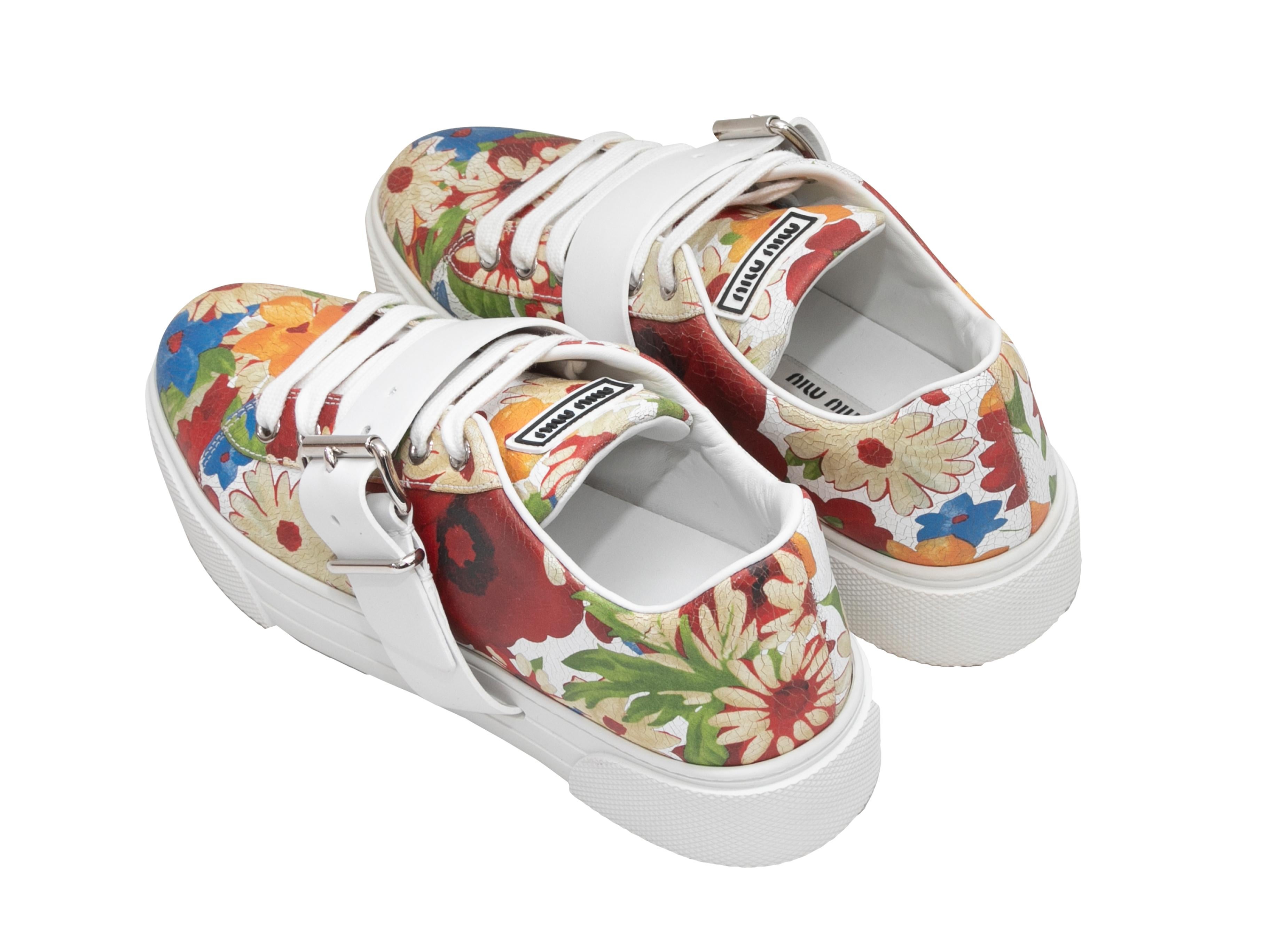 Beige Multicolor Miu Miu Floral Print Low-Top Buckle Sneakers Size 37