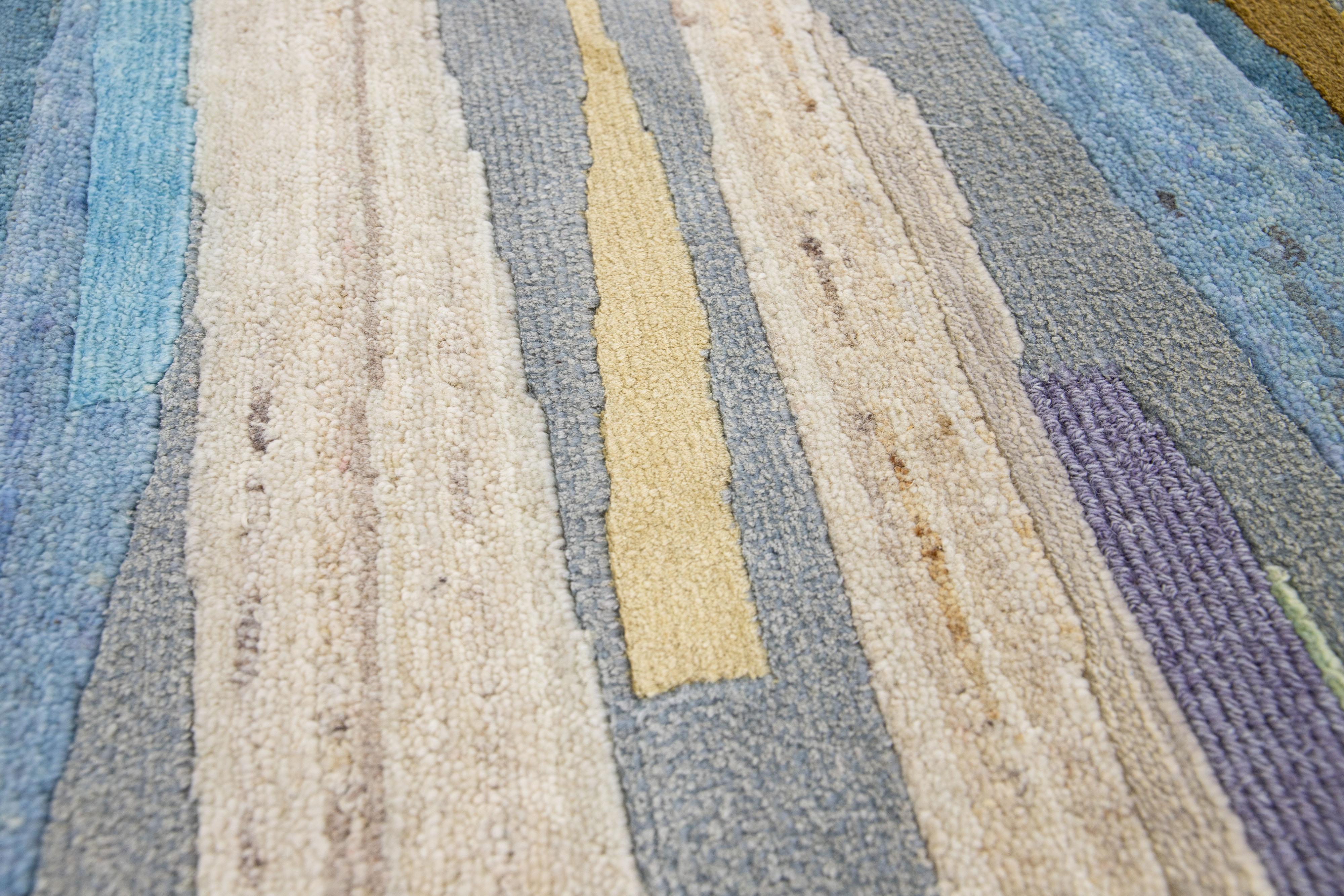 Apadana's Modern Abstract wool custom rug. Custom sizes and colors made-to-order.

Material: 16-30 Silk and Wool 100KN.
Techniques: Hand-Knotted.
Style: Modern.
Lead time: Approx. 15-16 weeks available.
Colors: As shown, other custom colors are