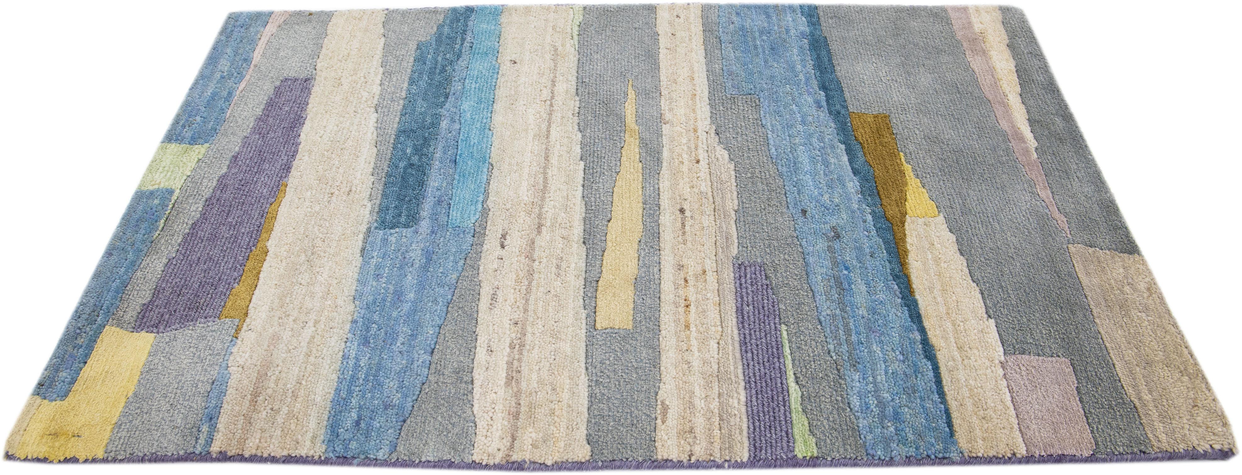 Indian Multicolor Modern Handmade Abstract Custom Wool Rug For Sale