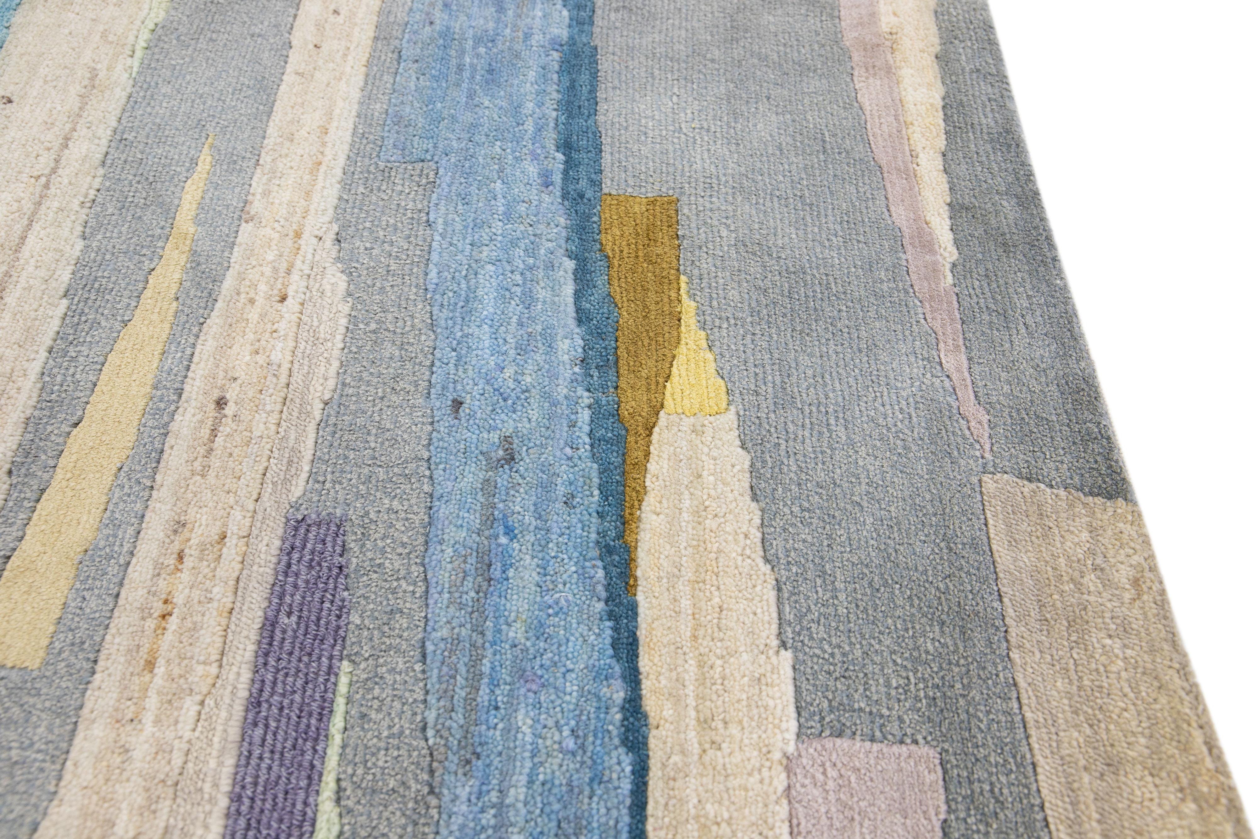 Hand-Knotted Multicolor Modern Handmade Abstract Custom Wool Rug For Sale