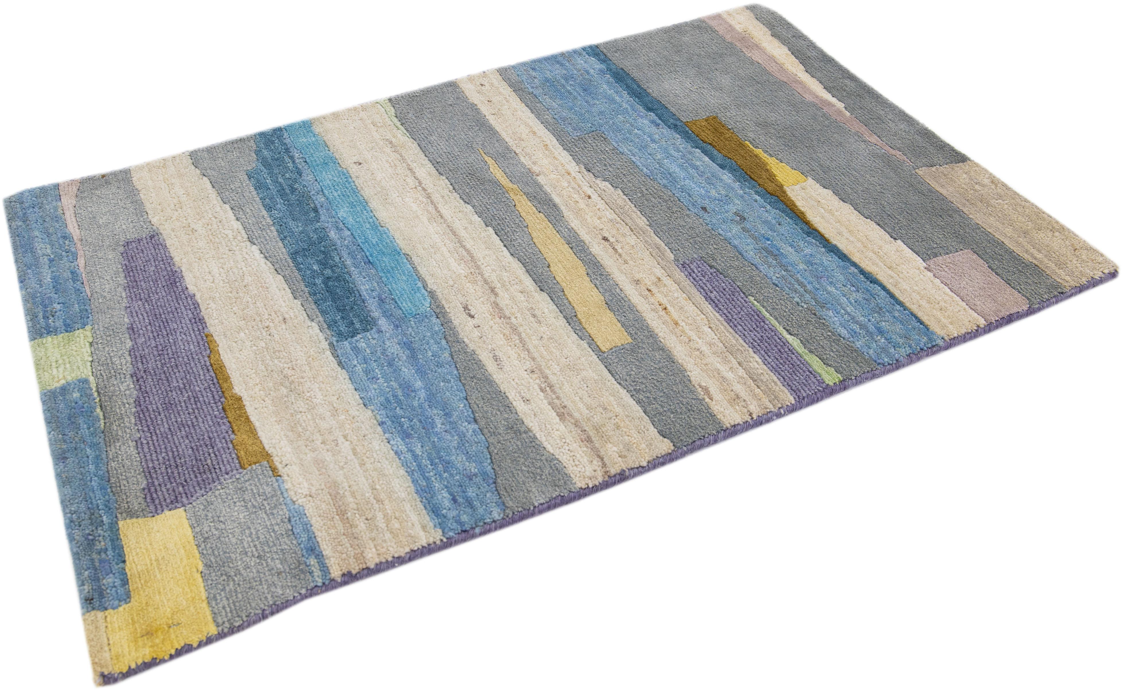 Multicolor Modern Handmade Abstract Custom Wool Rug In New Condition For Sale In Norwalk, CT