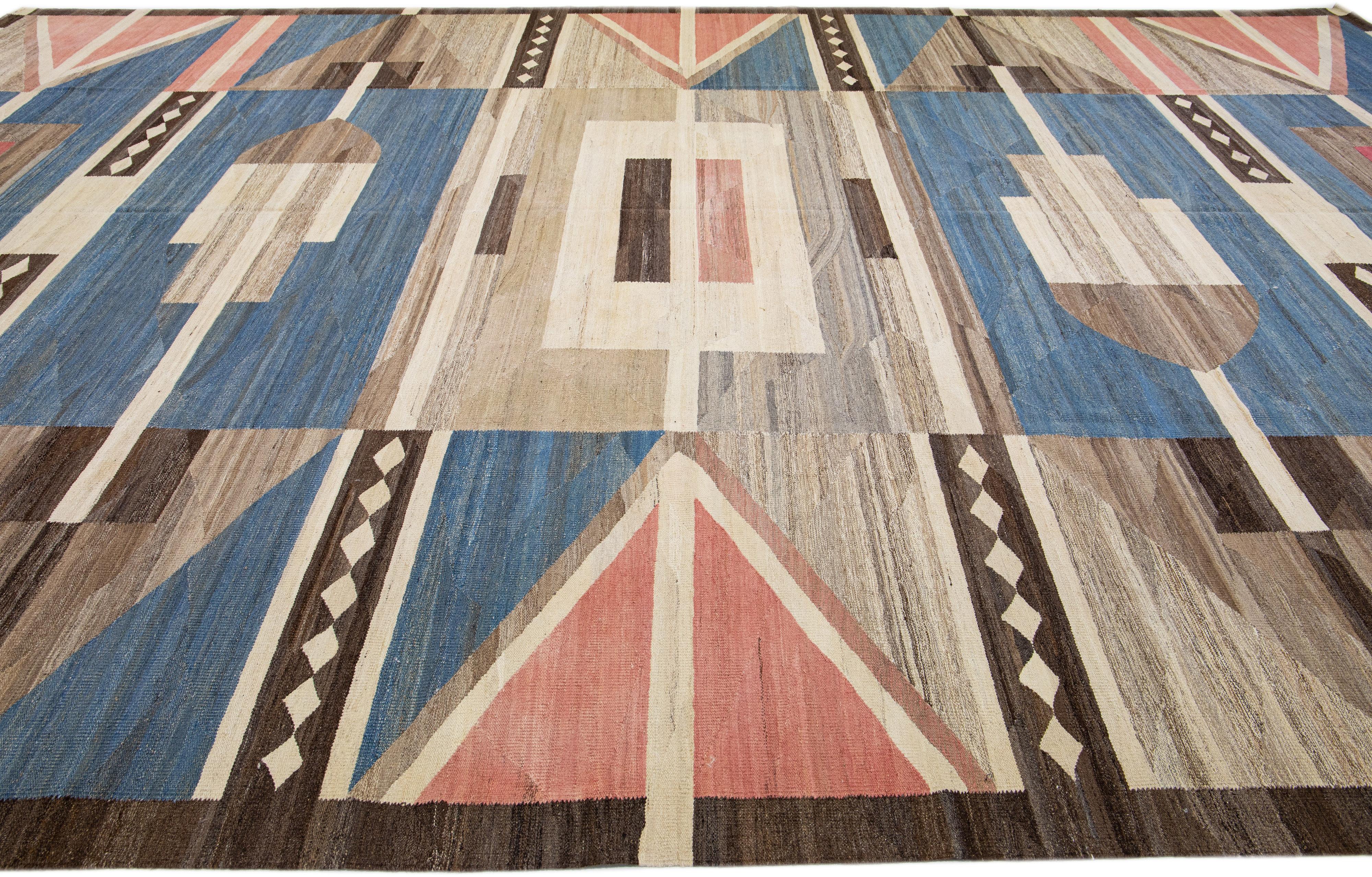 Hand-Knotted Multicolor Modern Kilim Wool Rug Flatweave with Geometric Pattern For Sale
