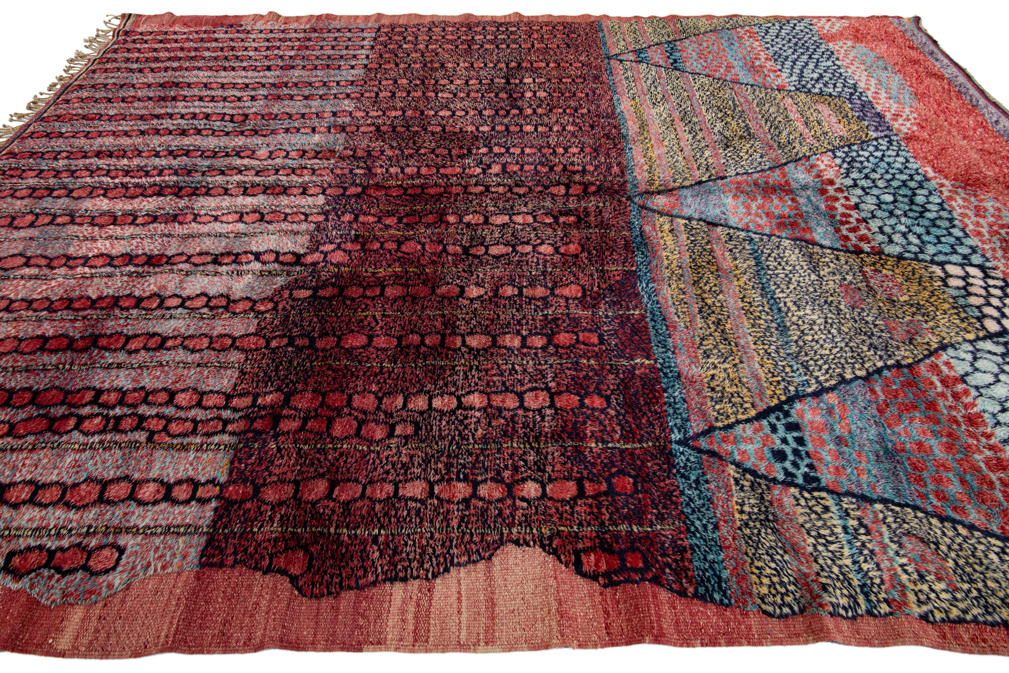 Hand-Knotted Multicolor Modern Moroccan Handmade Room Size Wool Rug with Tribal Design For Sale