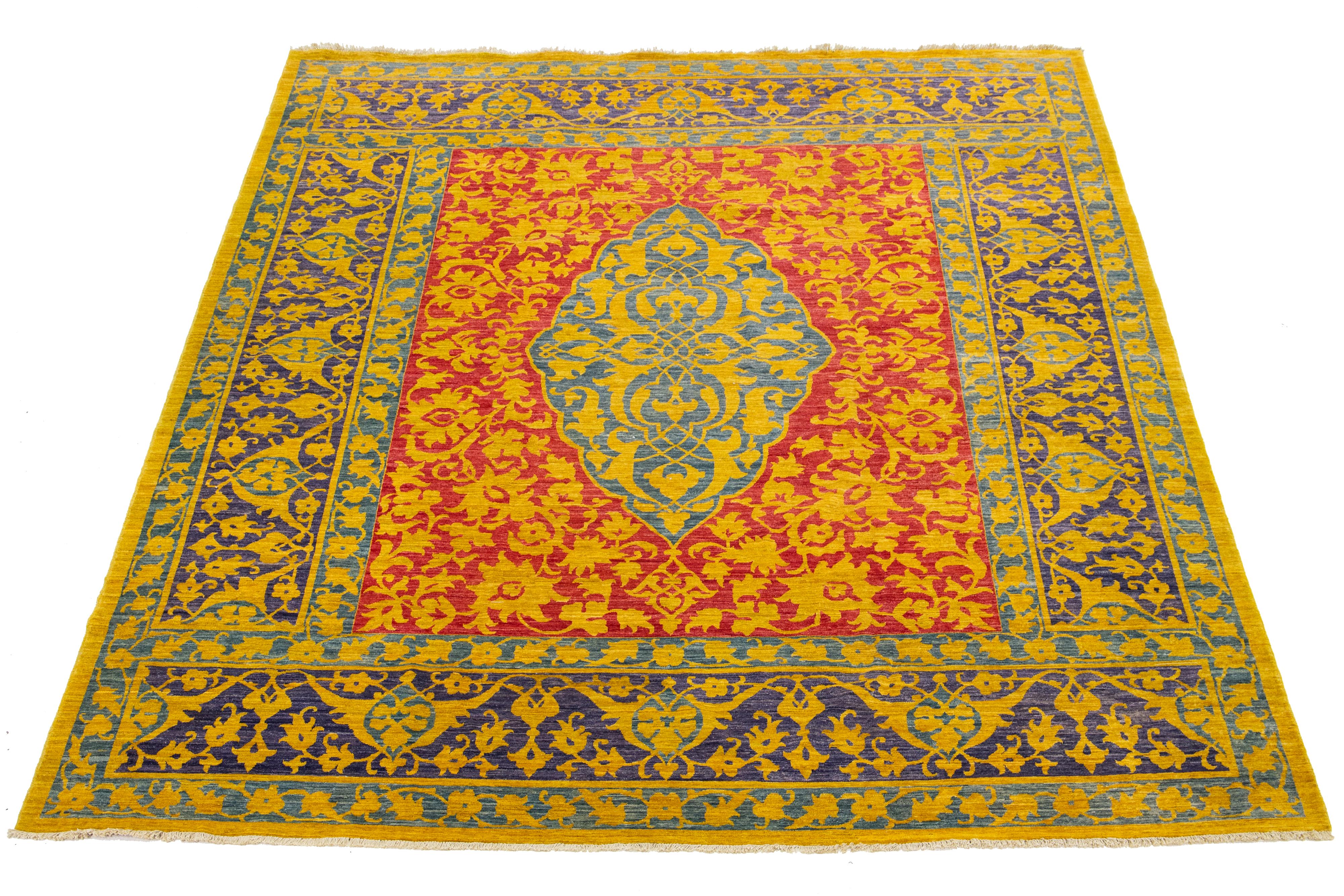 Introducing a modern classic: the Persian-style wool rug, a stunning addition to any space. This exquisite piece is hand-knotted with care, featuring a captivating all-over design that stands out beautifully against a luxurious red background
