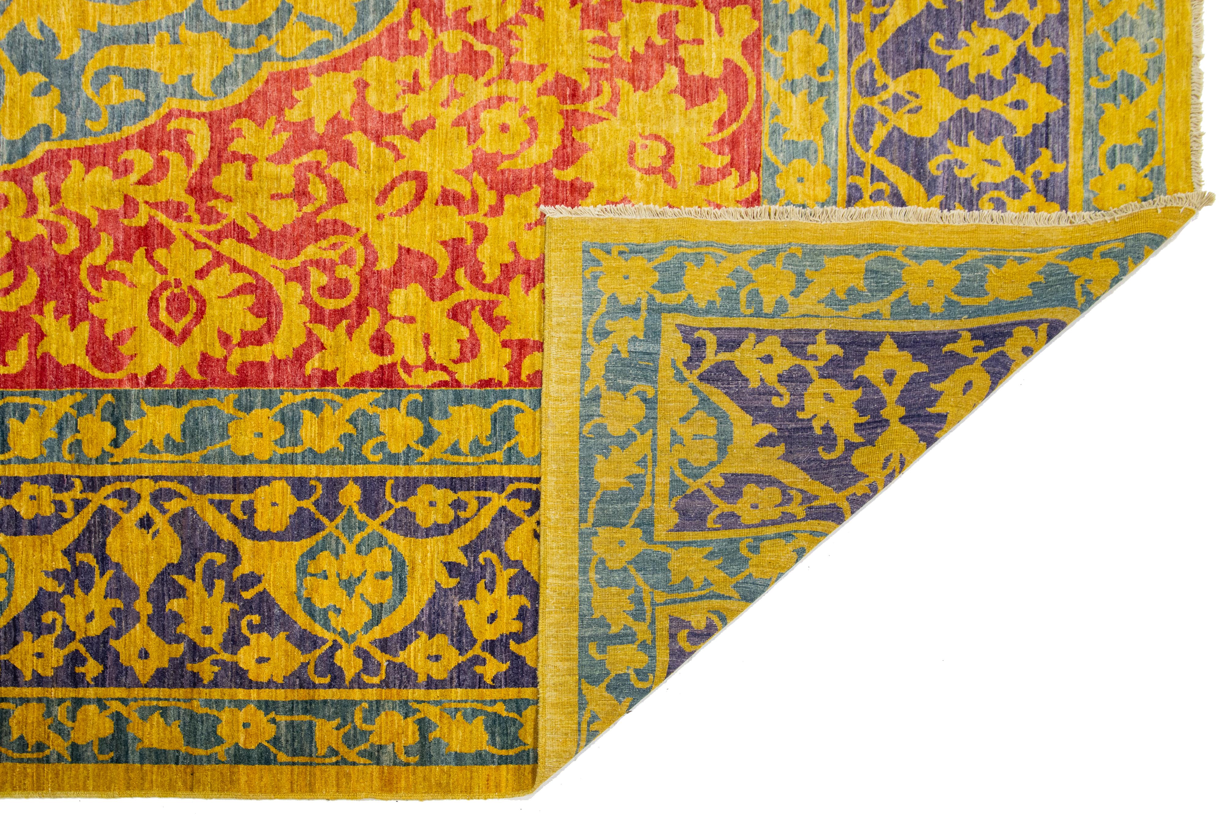 Pakistani Multicolor Modern Qum Persian Style Handmade Wool Rug With Qajar Design For Sale