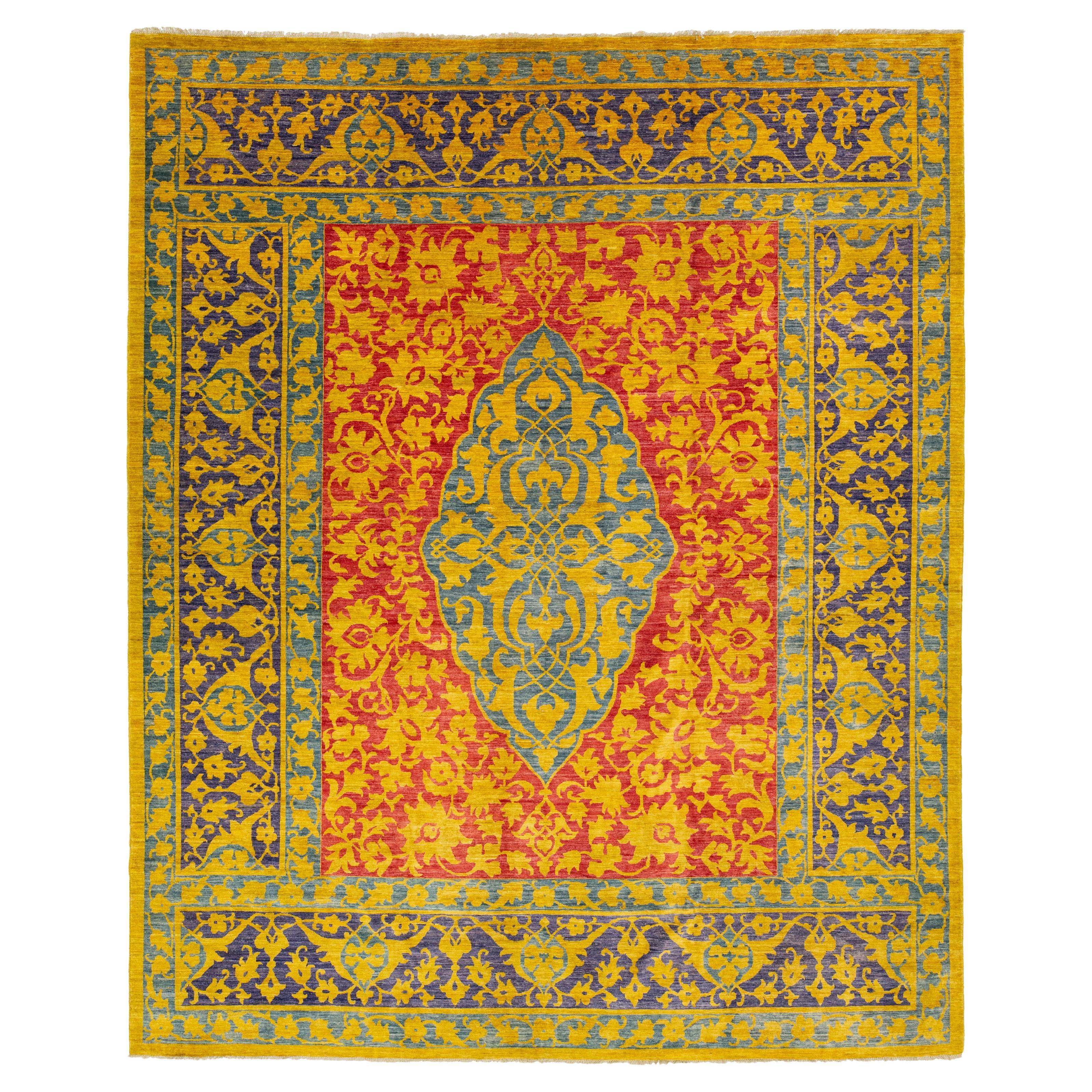Multicolor Modern Qum Persian Style Handmade Wool Rug With Qajar Design For Sale