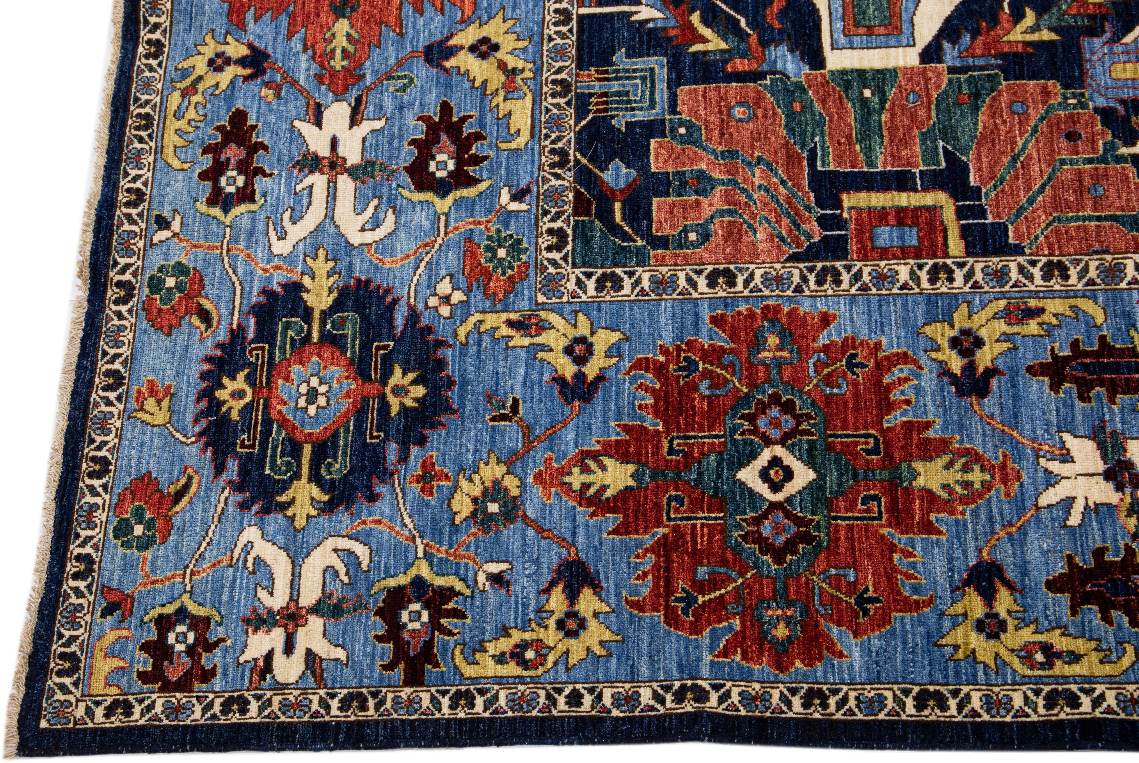 Pakistani Multicolor Modern Serapi Style Handmade Allover Designed Wool Rug For Sale