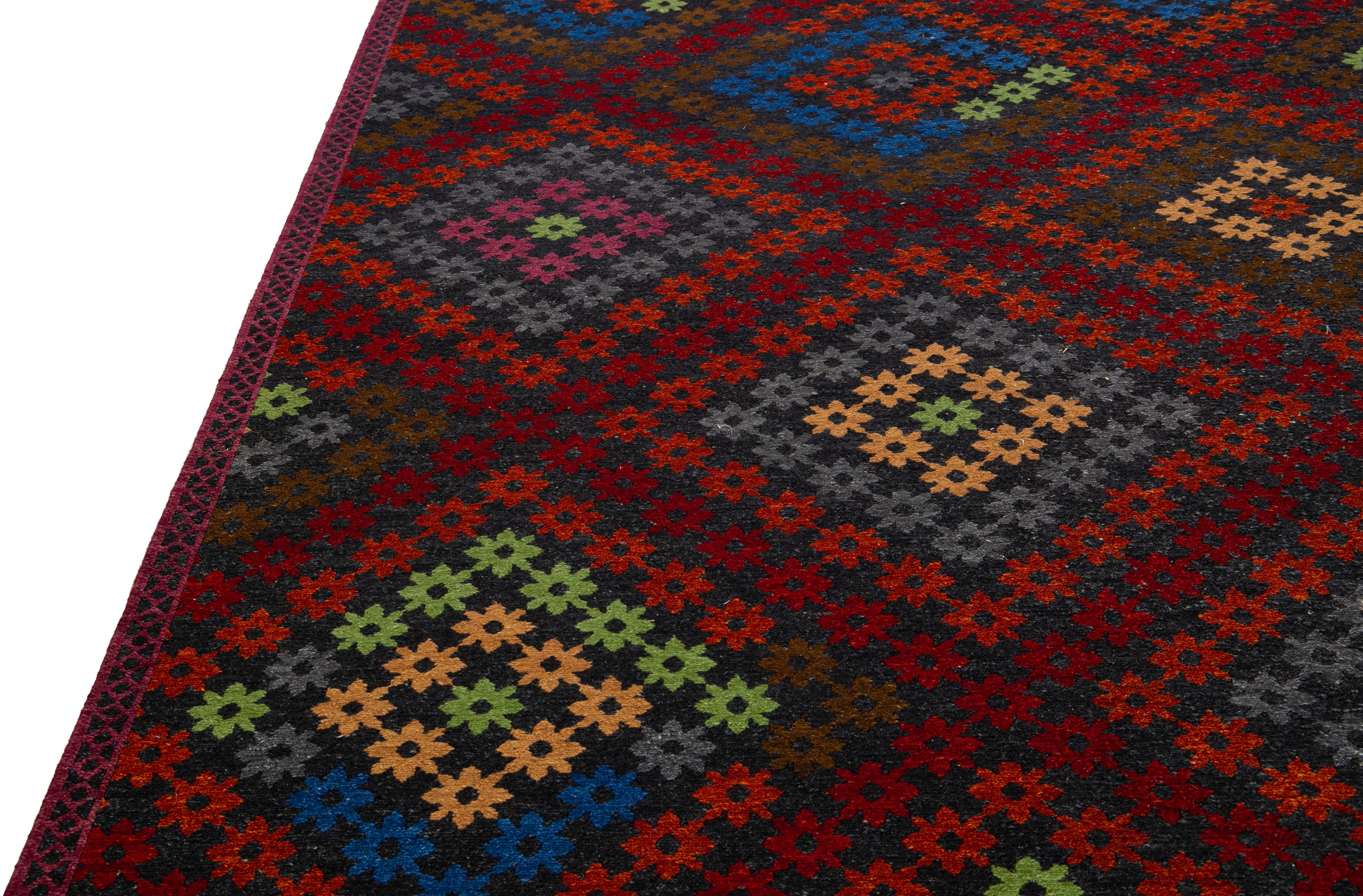 Indian Multicolor Modern Soumak Handmade Geometric Designed Wool Rug For Sale