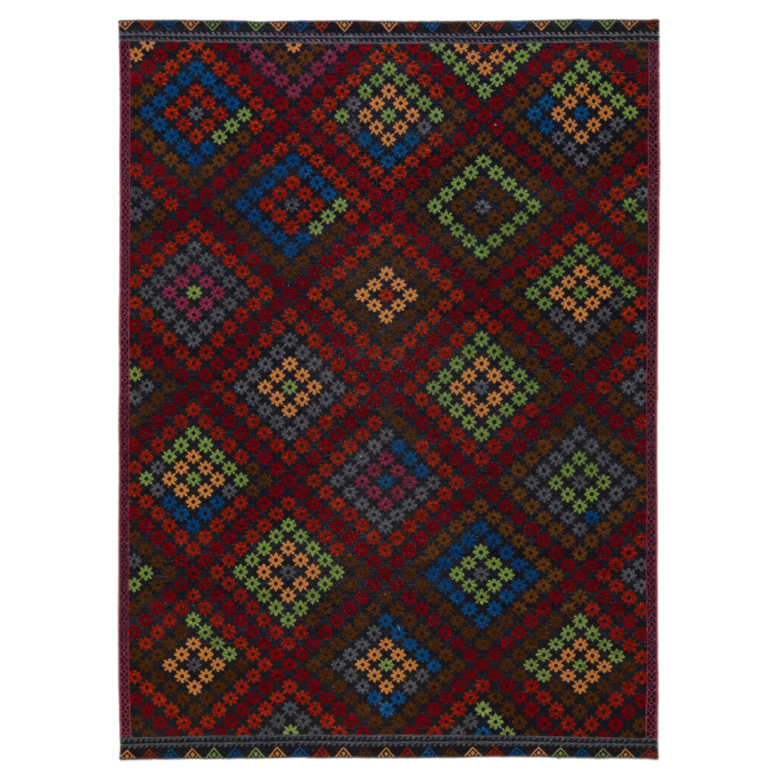Tappeto di lana moderno multicolore Soumak fatto a mano con disegno geometrico