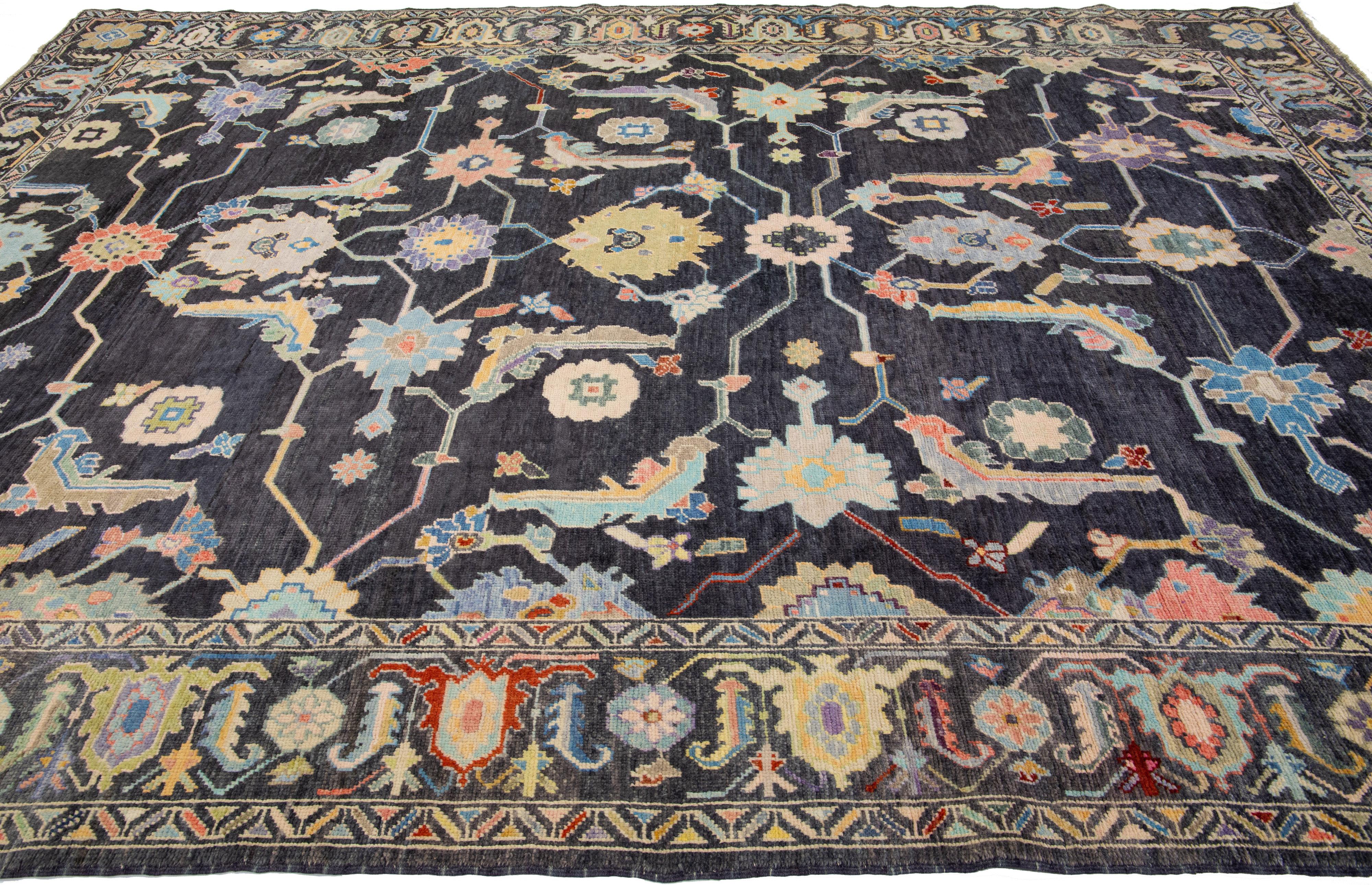 Contemporary Multicolor Modern Turkish Oushak Handmade Wool Rug With Allover Design For Sale