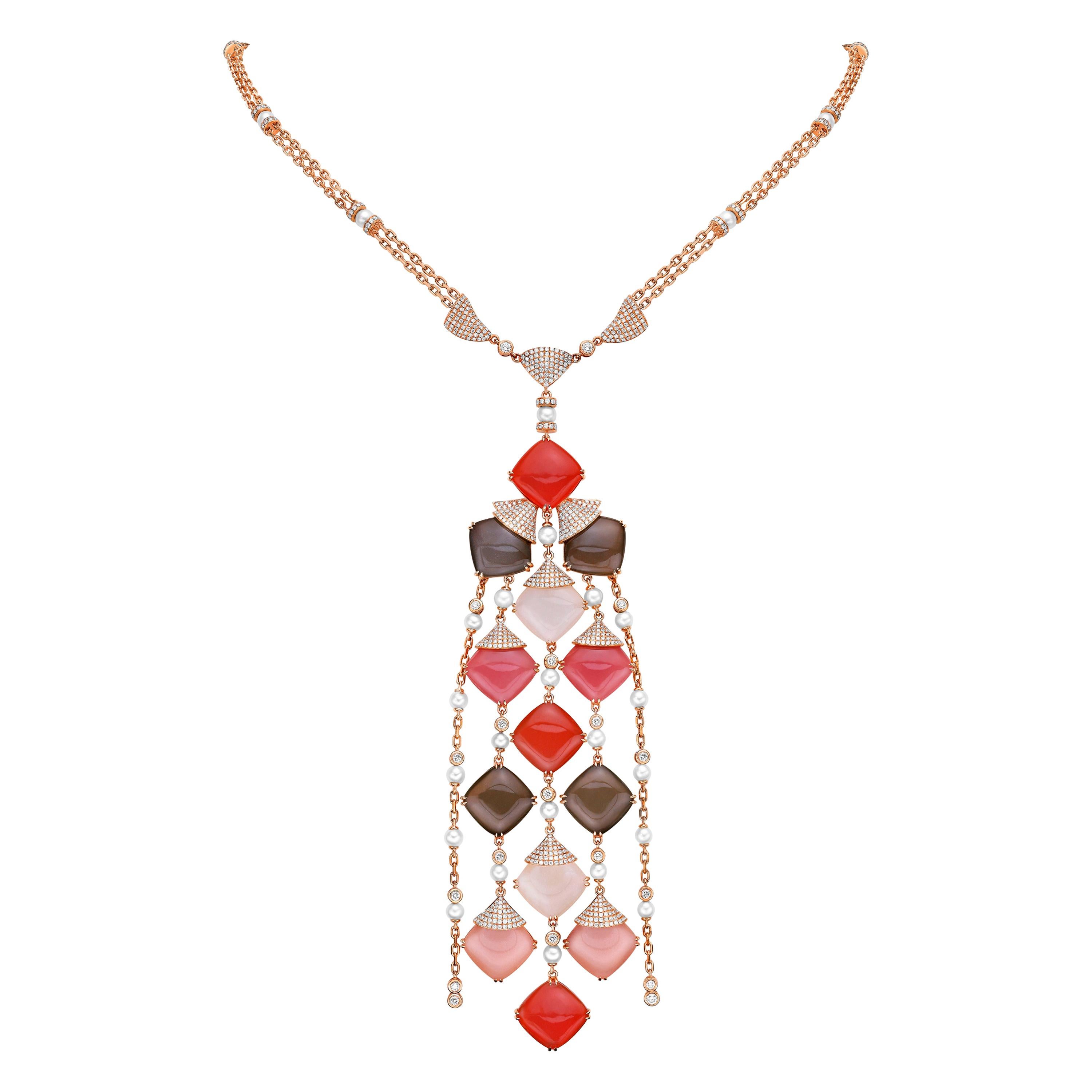 Mehrfarbige Mondstein-Halskette aus 18 Karat Gold mit Diamanten und Perlen im Angebot