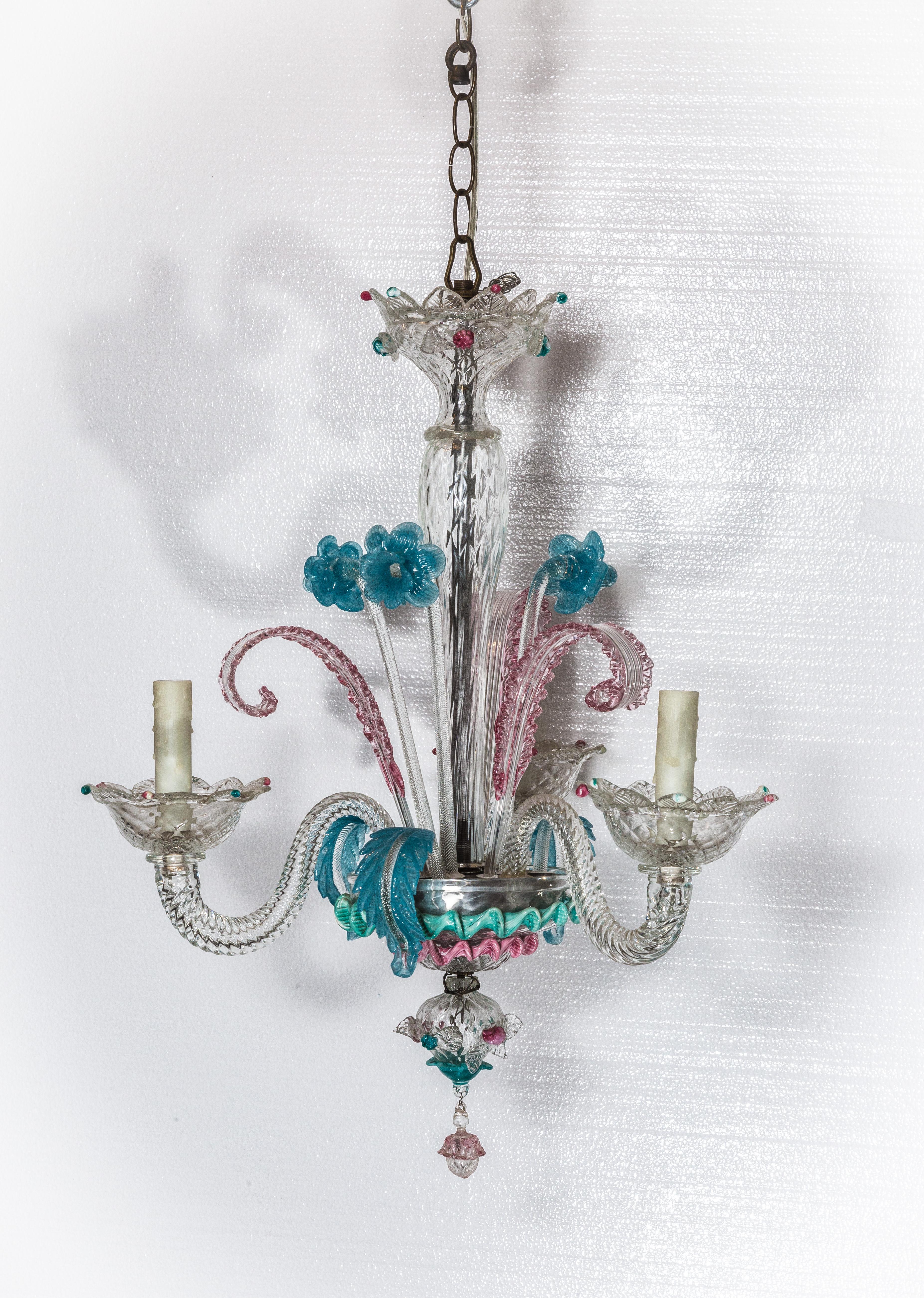Italian Murano chandelier, multi-color in excellent conditions 3-light with new candle covers 3