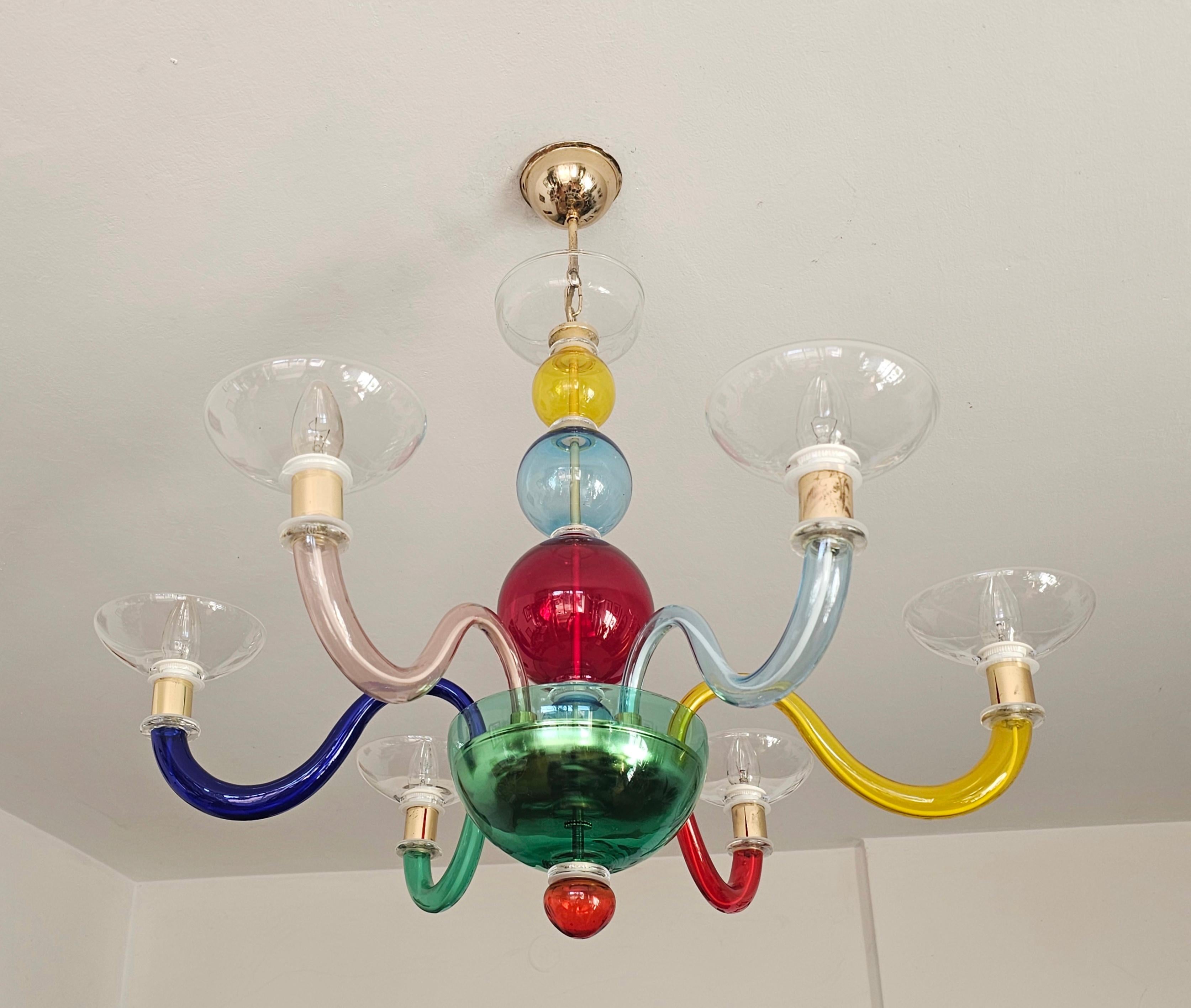 Multicolor Murano Glass Chandelier in style of Gio Ponti for Venini, Italy 1970s In Good Condition For Sale In Beograd, RS