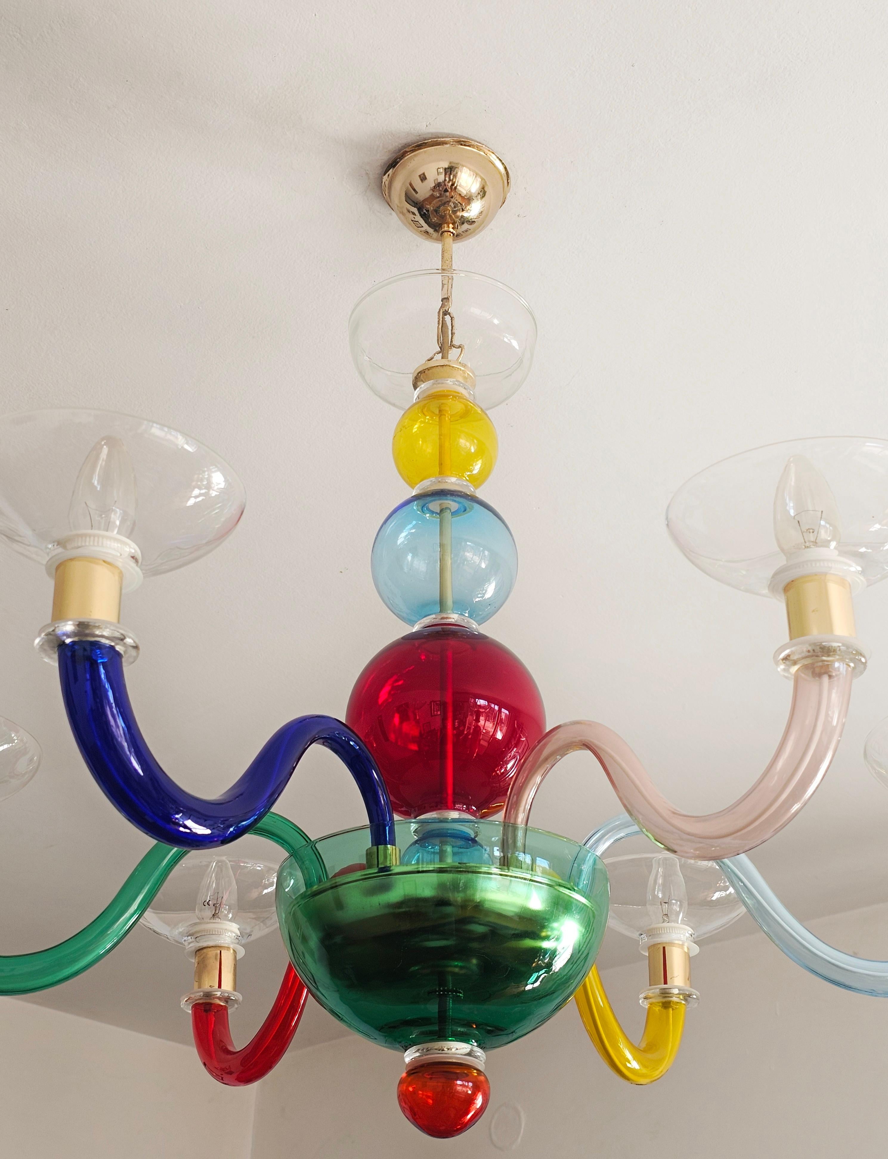 Brass Multicolor Murano Glass Chandelier in style of Gio Ponti for Venini, Italy 1970s For Sale